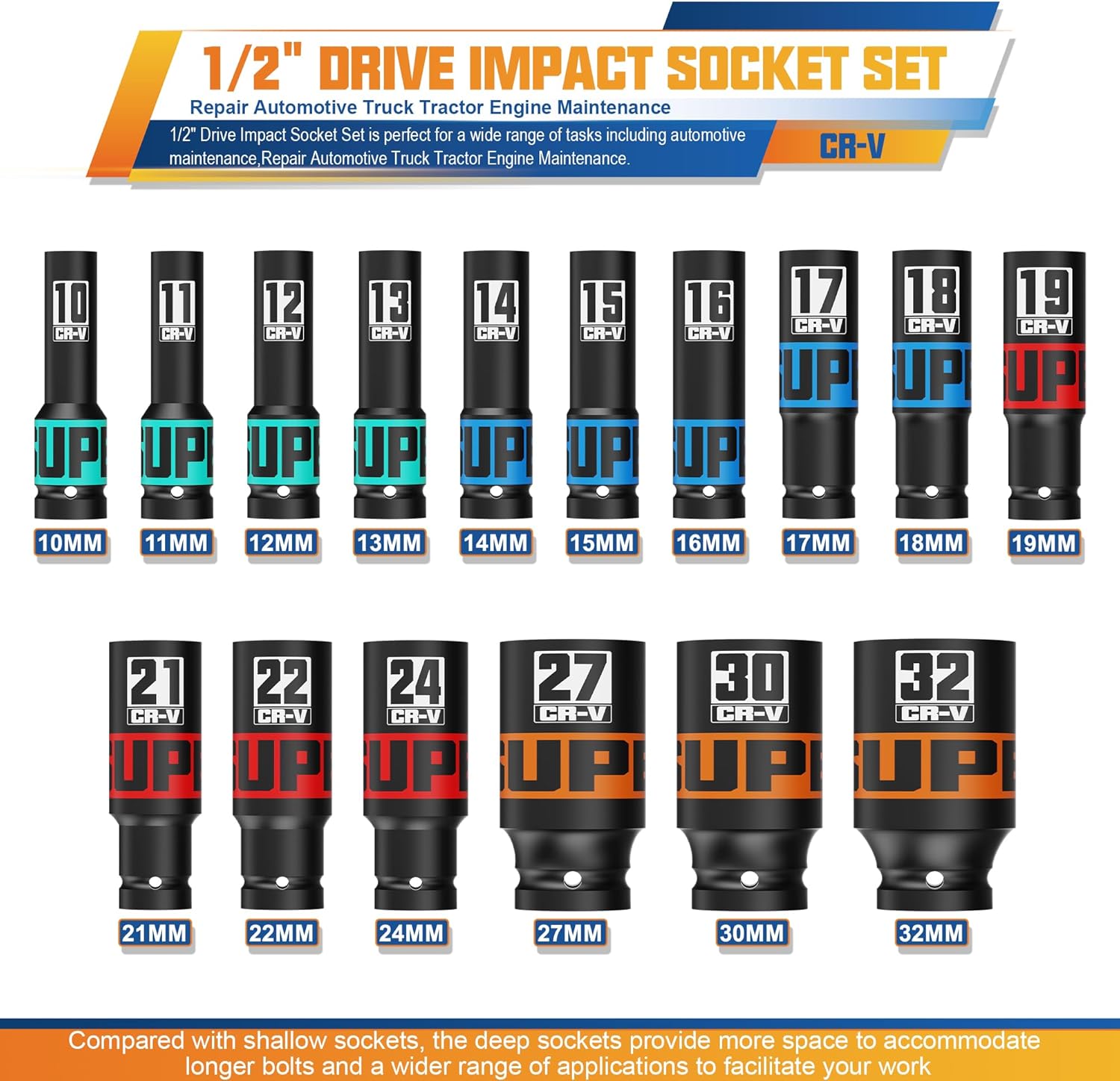 Aurlloct Set Chiavi a Bussola Esagonali 1/2", 16 Pezzi - immagine 2
