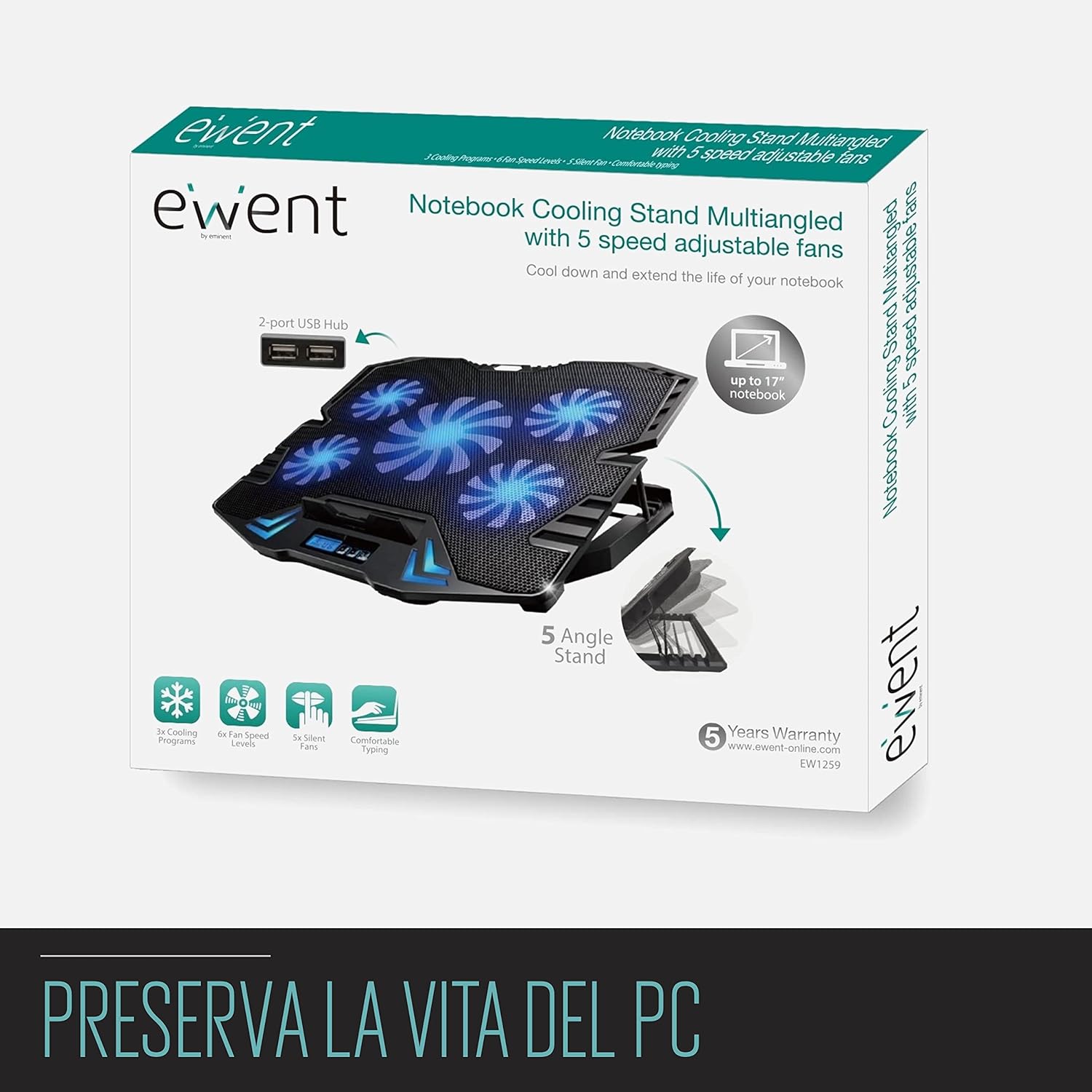 Ewent EW1259 Supporto Raffreddamento Notebook 15.6"/17" - immagine 7
