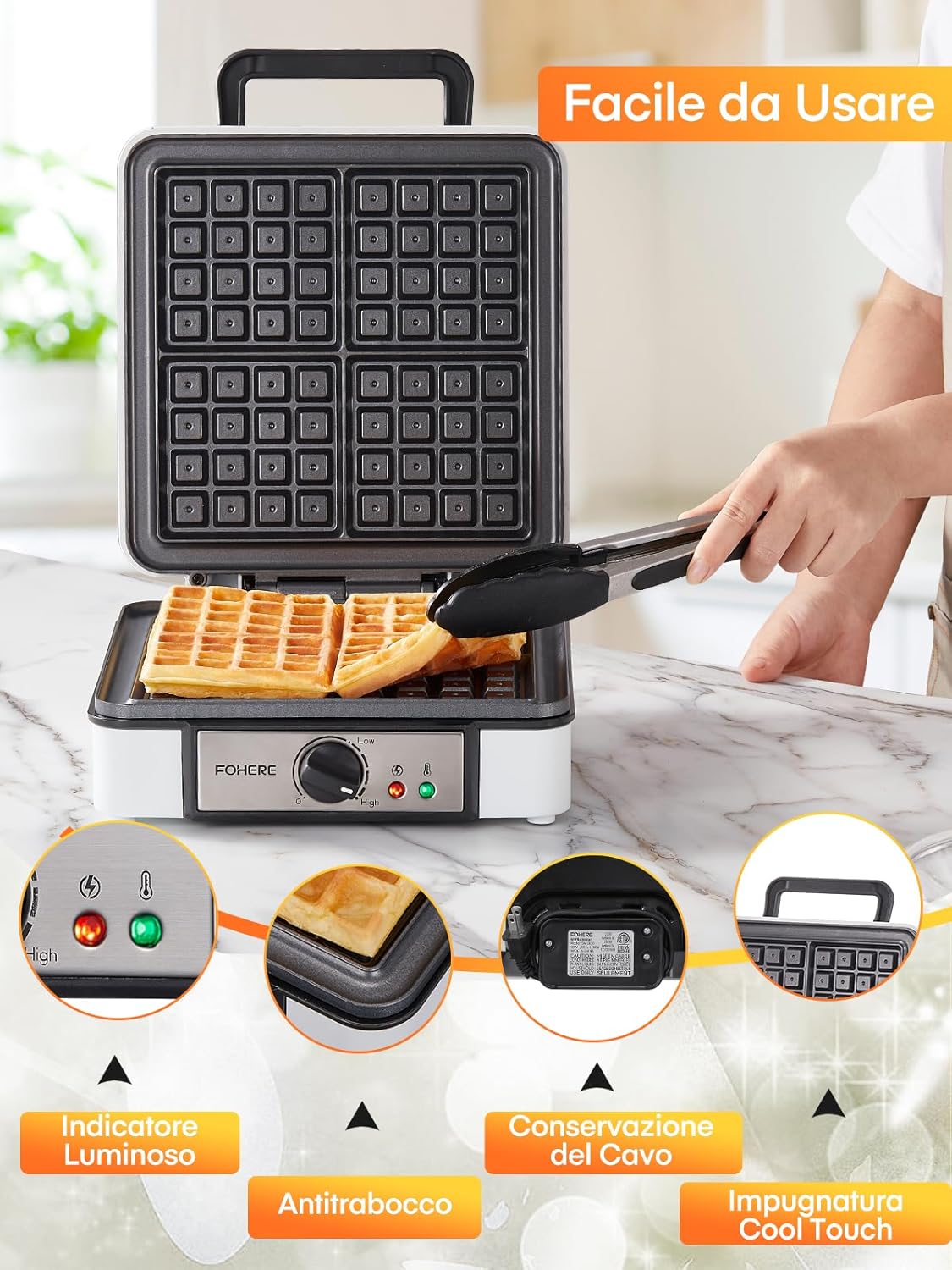 Fohere Piastra per Waffle Belga 1200W - immagine 4