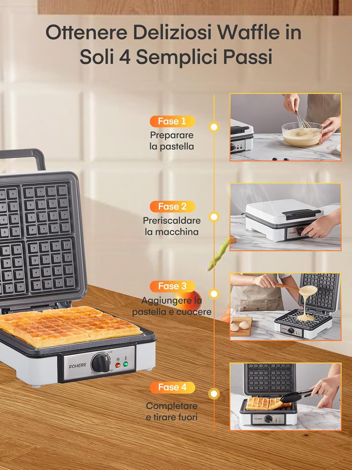 Fohere Piastra per Waffle Belga 1200W - immagine 6