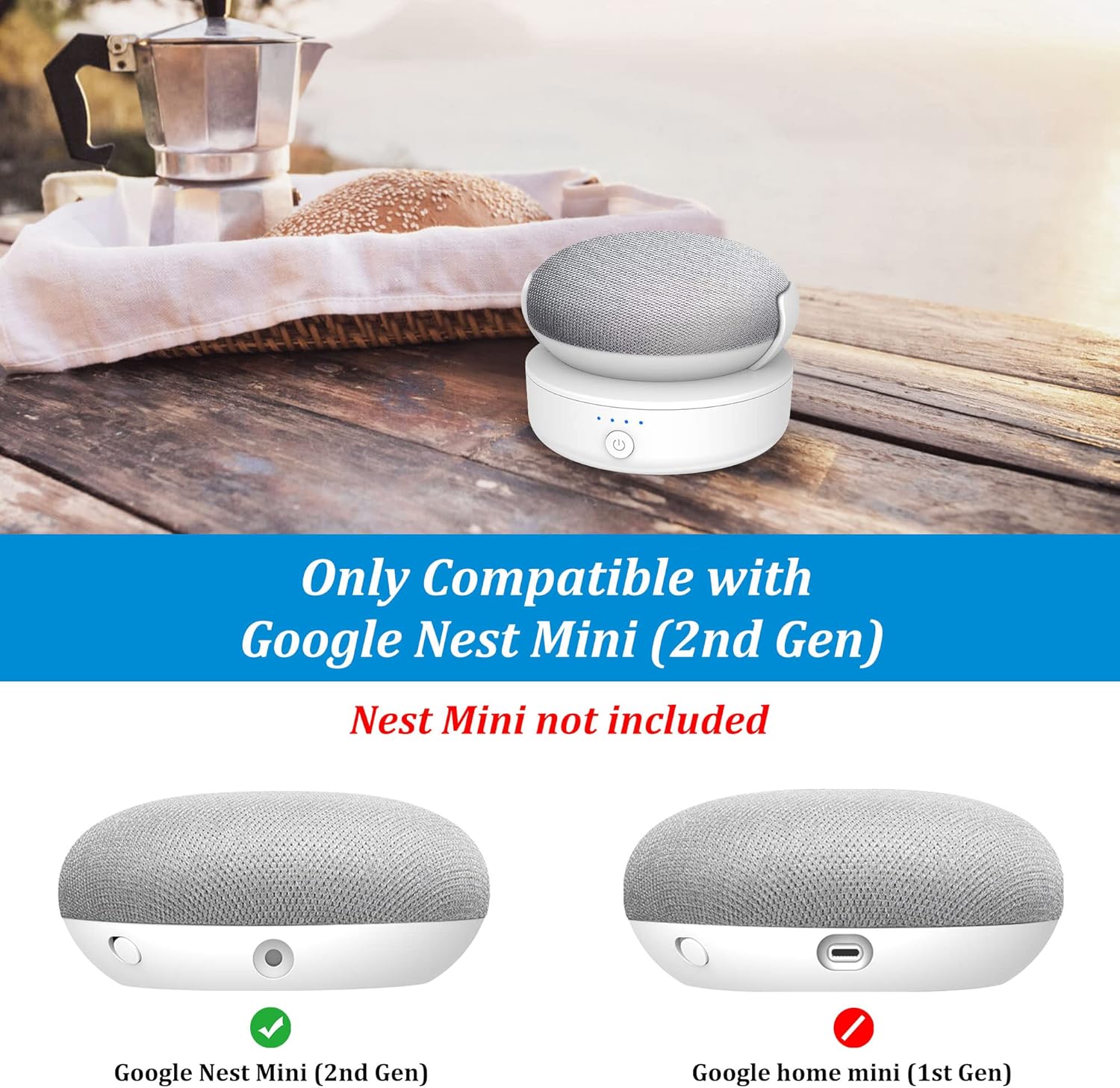 PlusAcc Base per batteria compatibile con Google Nest Mini - Accessorio per supporto per batteria da esterno portatile per cucina e giardino, alimentatore 9 ore di riproduzione (Bianco) - immagine 2