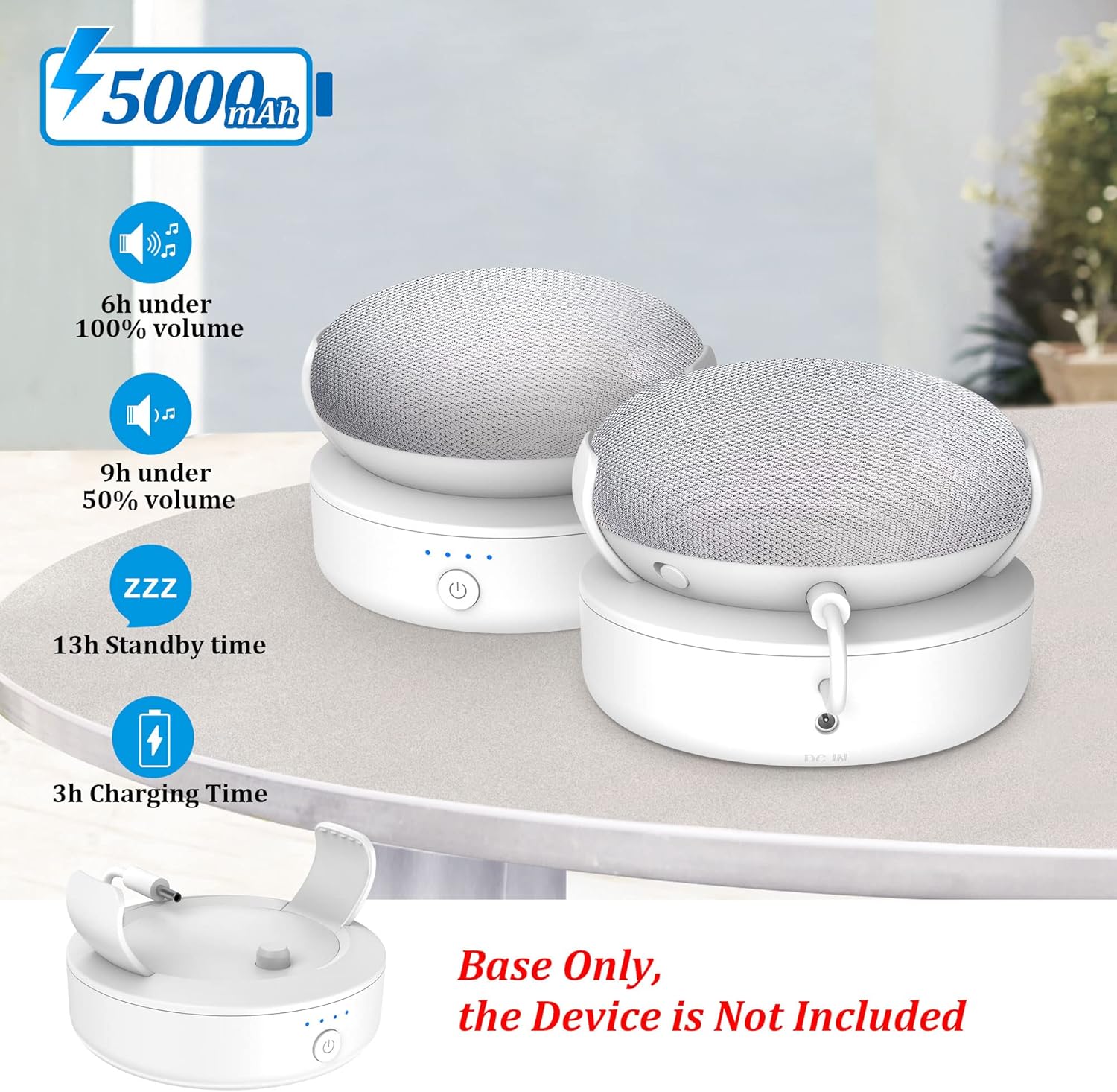 PlusAcc Base per batteria compatibile con Google Nest Mini - Accessorio per supporto per batteria da esterno portatile per cucina e giardino, alimentatore 9 ore di riproduzione (Bianco) - immagine 4