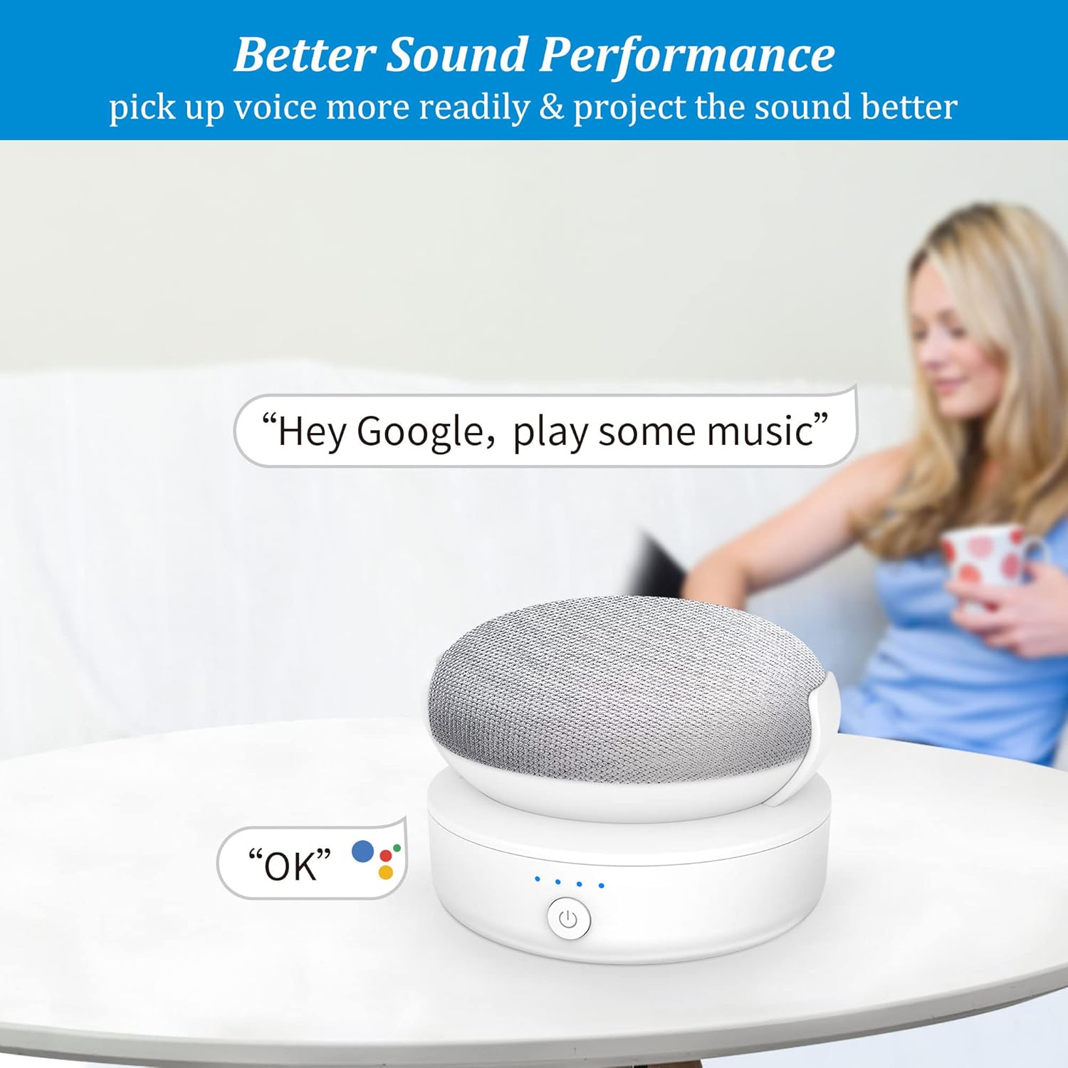 PlusAcc Base per batteria compatibile con Google Nest Mini - Accessorio per supporto per batteria da esterno portatile per cucina e giardino, alimentatore 9 ore di riproduzione (Bianco) - immagine 6