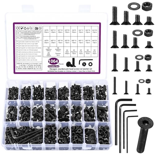 1064 Pz M3 m4 m5 m6 Set di Viti Bulloni e Dadi Set, Viti Bulloni a Testa Piatta, Vite a Testa Svasata e Dadi e Rondelle, Viti a Testa Piatta con Esagono Incassato, Acciaio al Carbonio 10.9, Nero