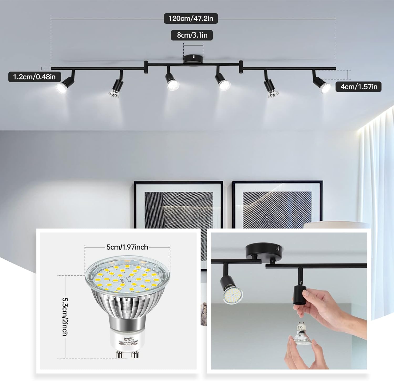 Wowatt Faretti LED da Soffitto Orientabili 6 Luci GU10, Nero - immagine 6