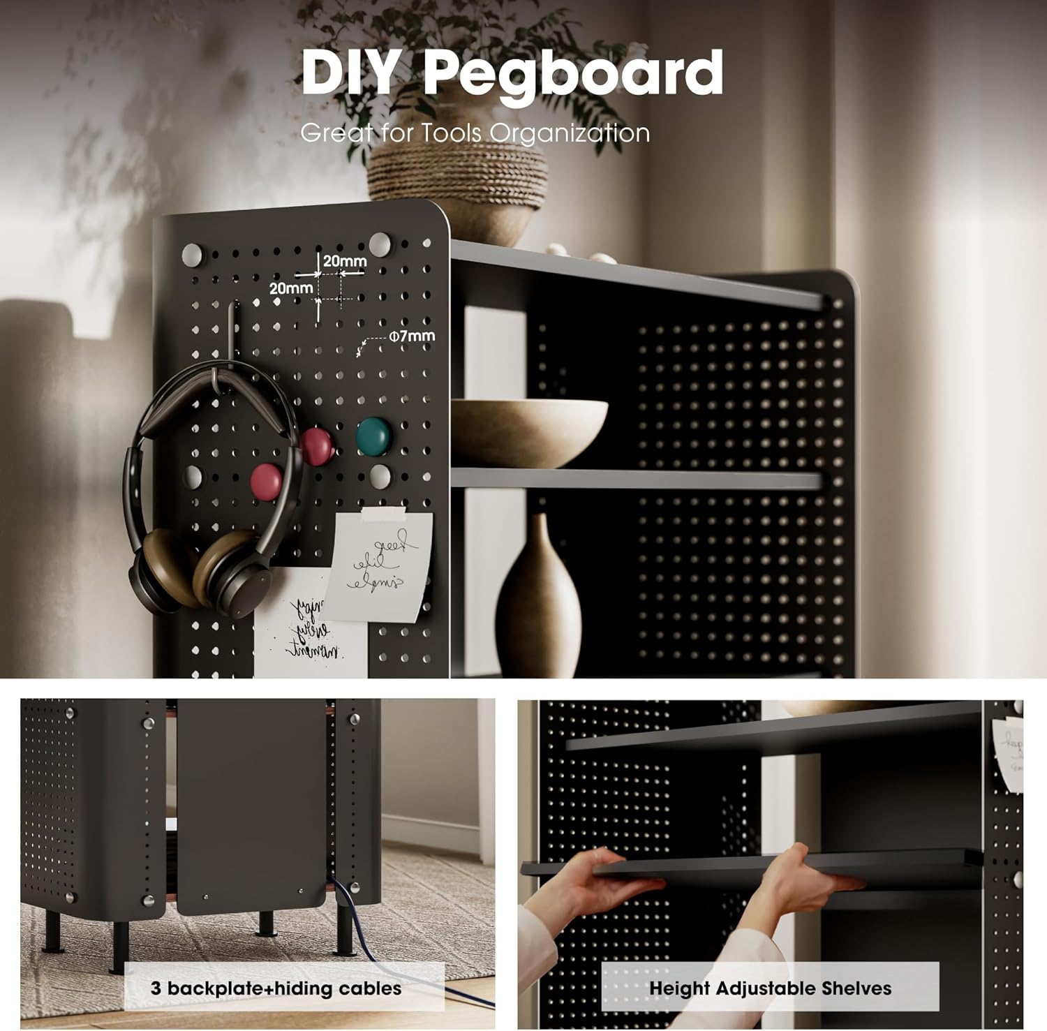 Fenge Libreria a 4 Ripiani con Pannello Perforato, Nero - immagine 3