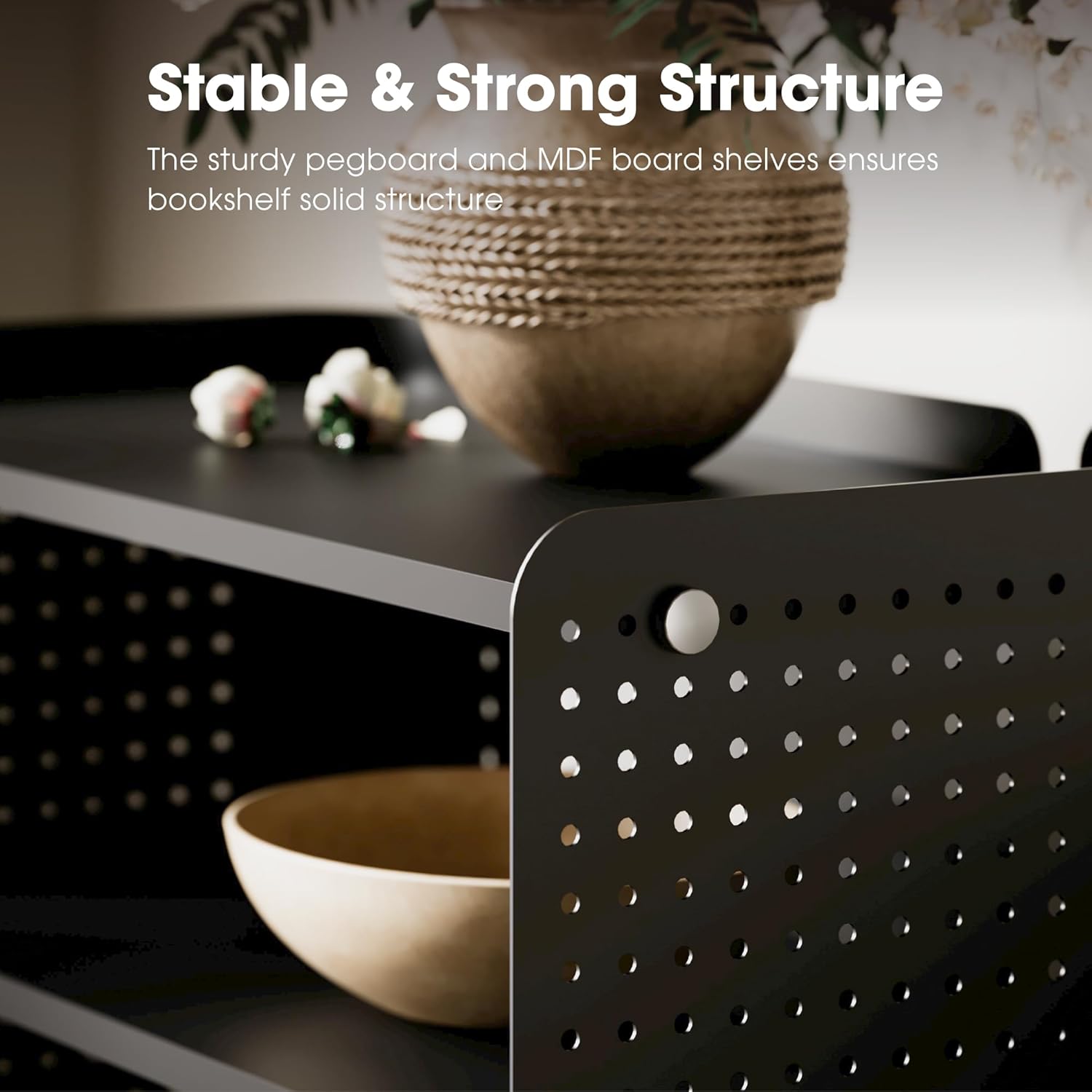 Fenge Libreria a 4 Ripiani con Pannello Perforato, Nero - immagine 4