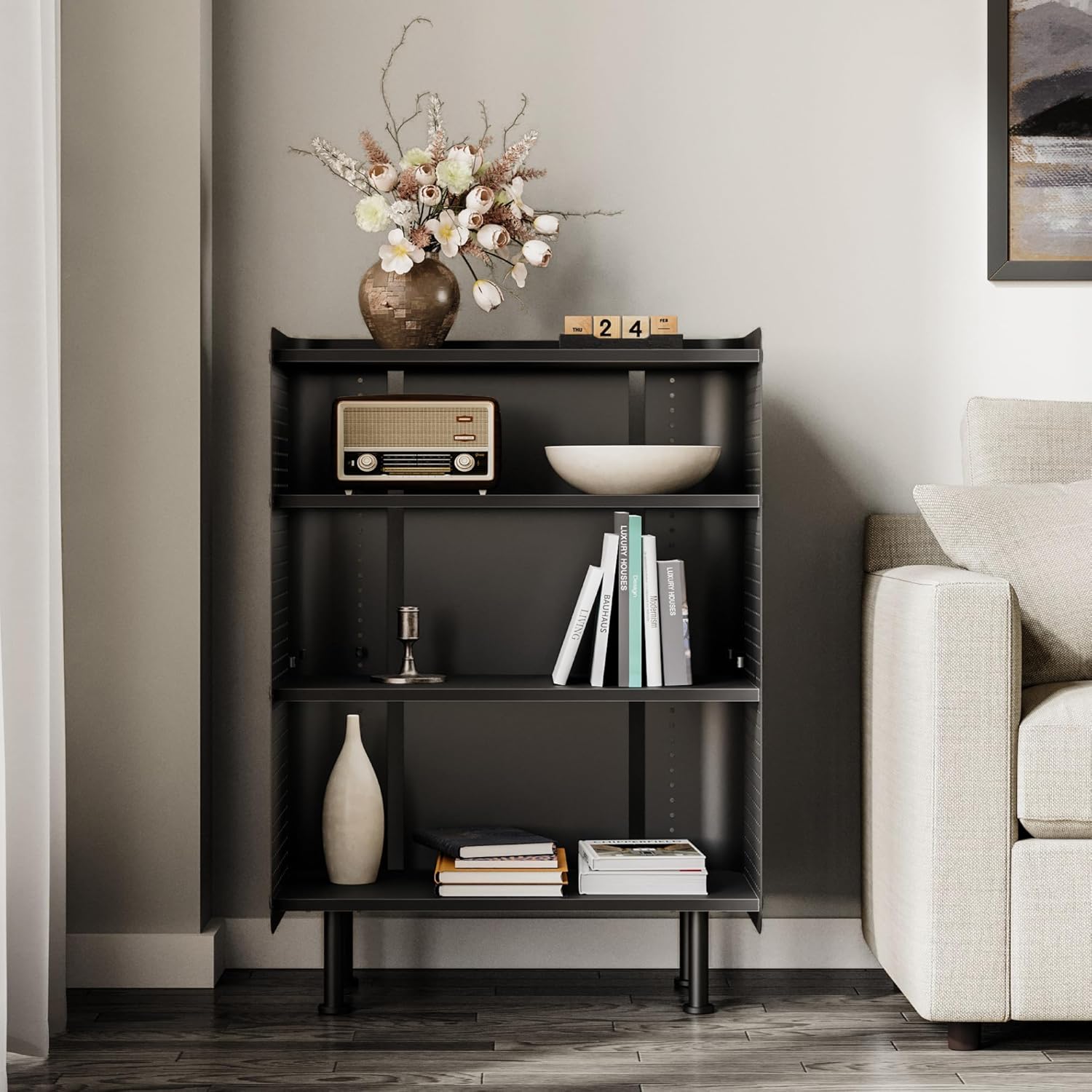 Fenge Libreria a 4 Ripiani con Pannello Perforato, Nero - immagine 6