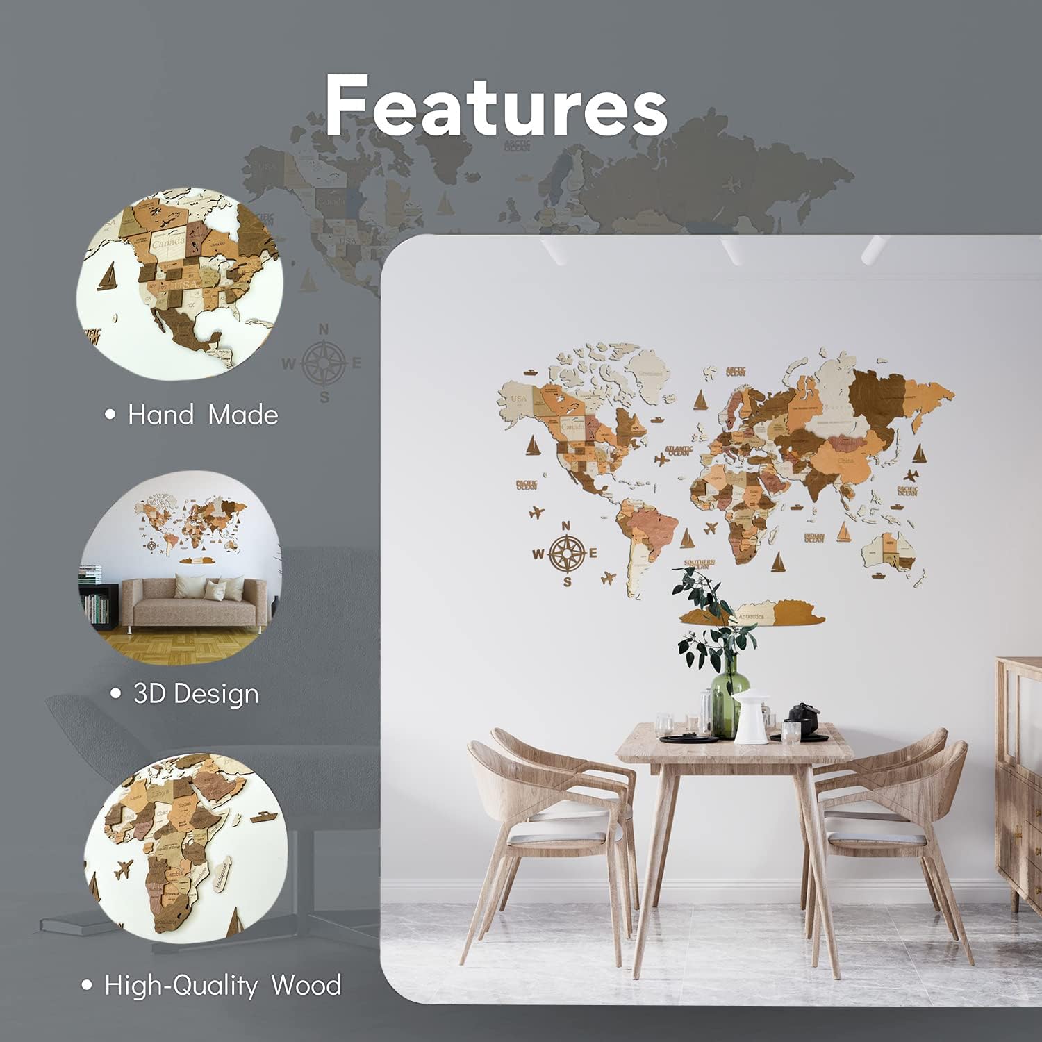 Mappa del Mondo in Legno - Grande Decorazione da Parete 3D - immagine 2