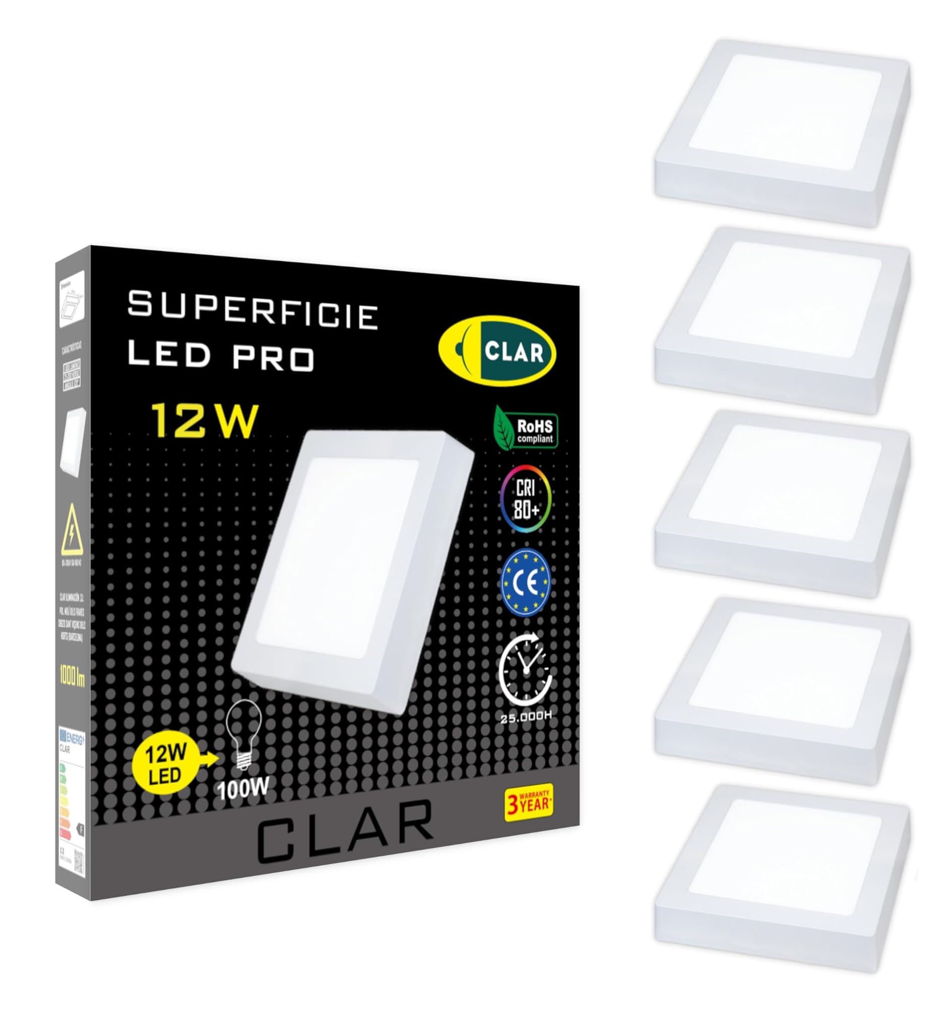Clar - Plafoniera LED Soffitto Quadrata 12W, Pack 5
