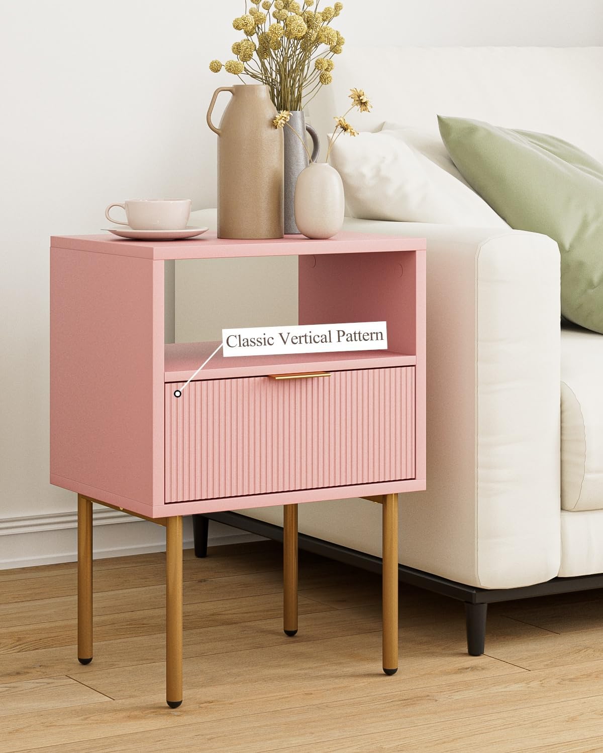 Comodino Moderno con 1 Ripiano Aperto e 1 Cassetto, Rosa - immagine 3