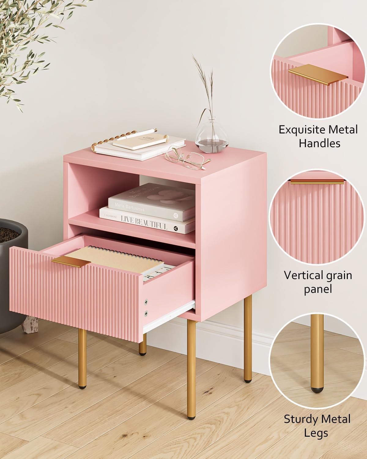 Comodino Moderno con 1 Ripiano Aperto e 1 Cassetto, Rosa - immagine 6