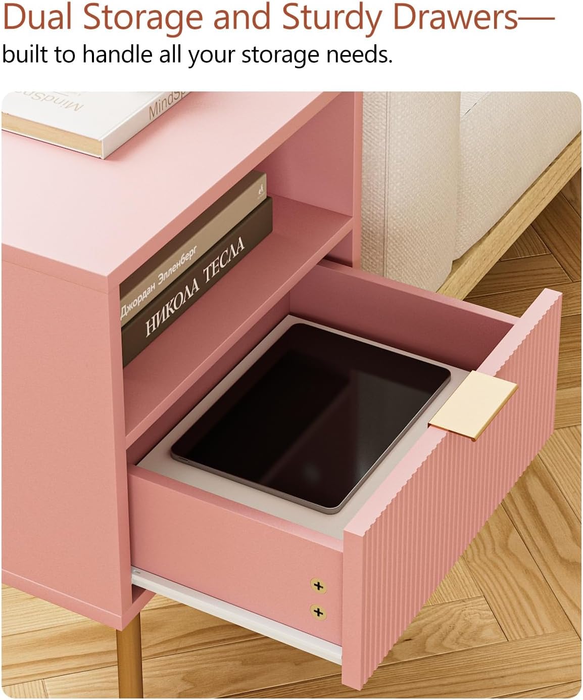 Comodino Moderno con 1 Ripiano Aperto e 1 Cassetto, Rosa - immagine 7
