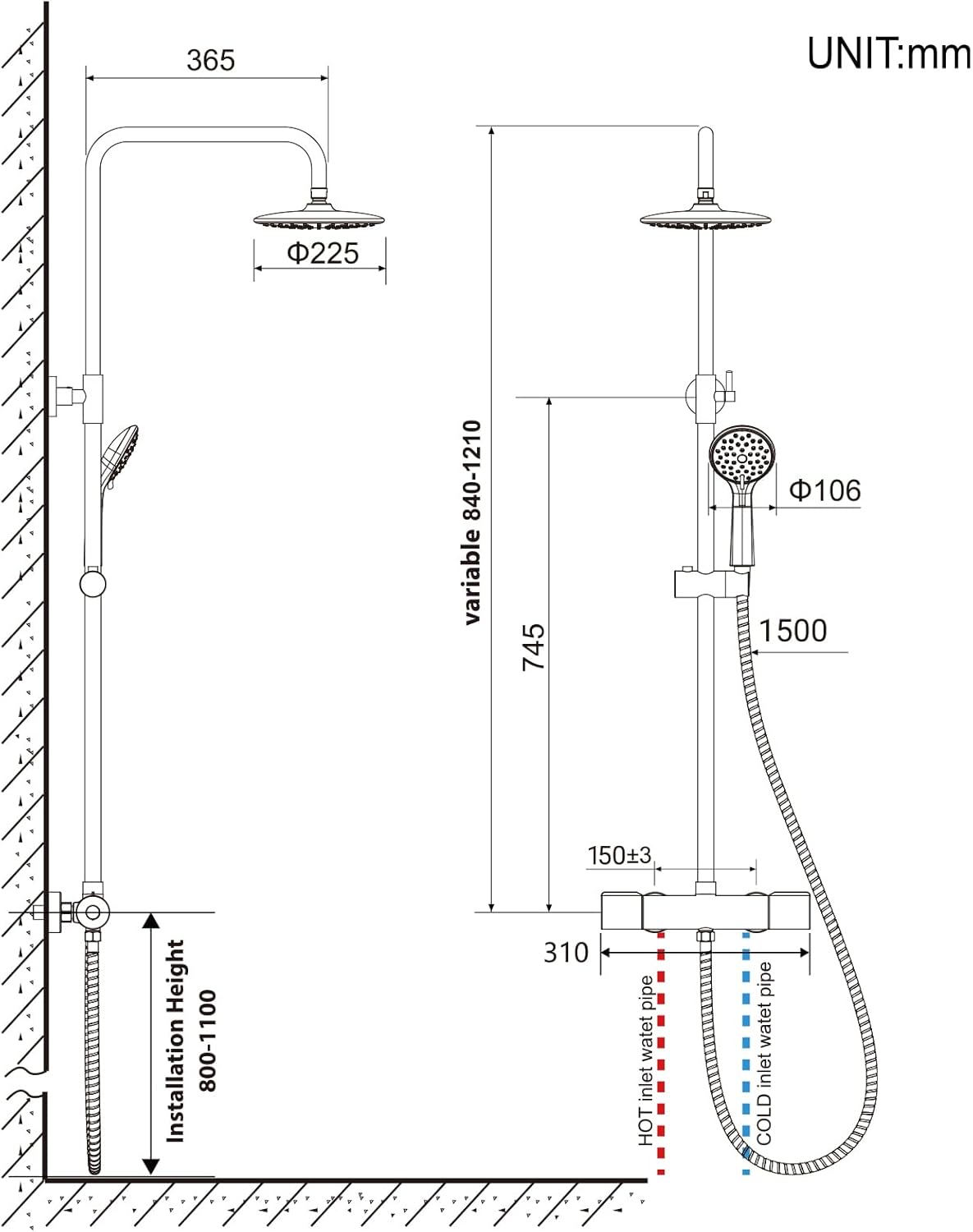 Colonna Doccia con Miscelatore Termostatico, Nero - immagine 7