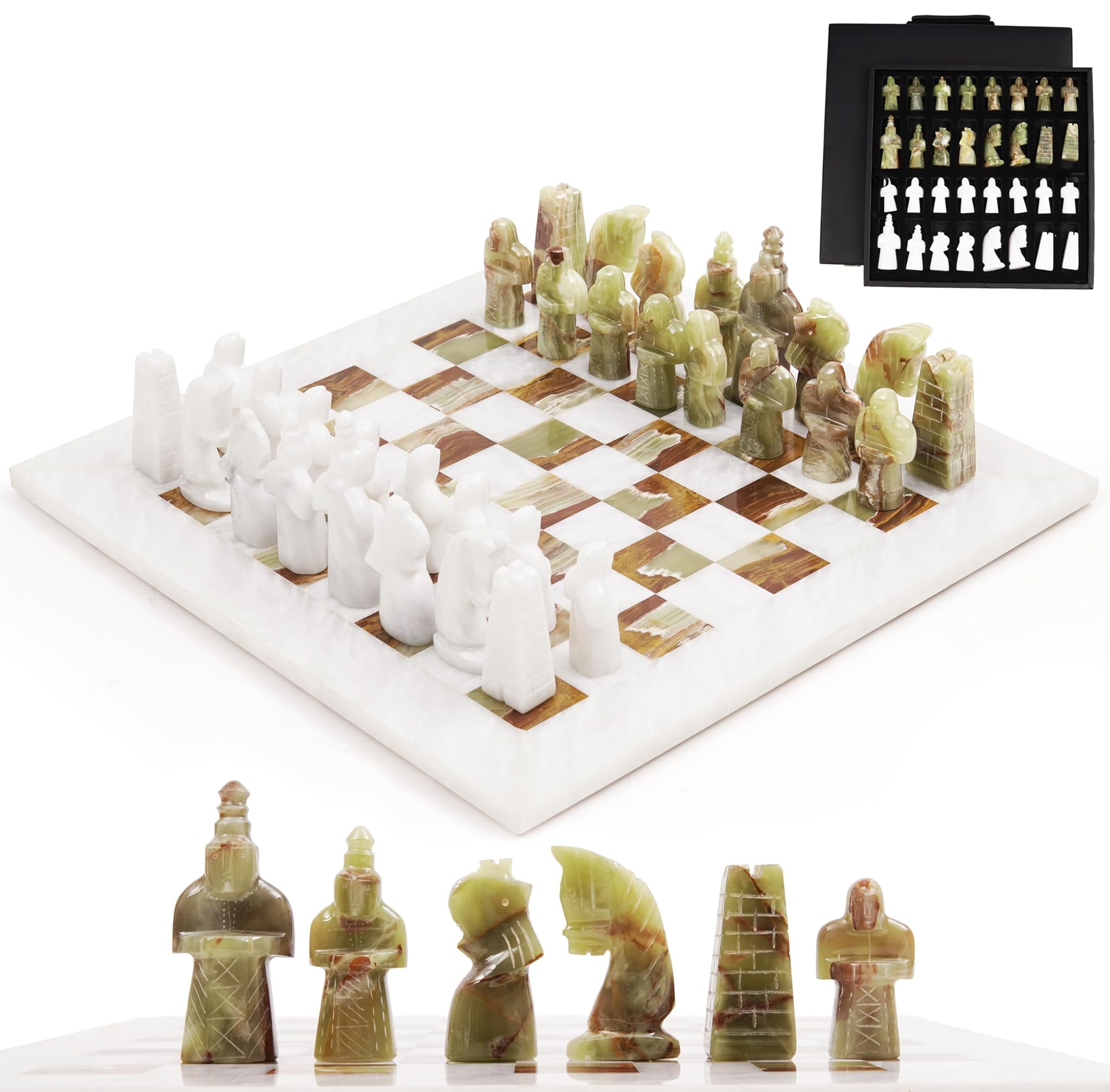 Radicaln Set di scacchi in marmo con scatola di immagazzinaggio 15 pollici Giochi da scacchiera antichi fatti a mano bianchi e verdi - Set di scacchi da torneo Giochi per 2 giocatori - 1 scacchiera e