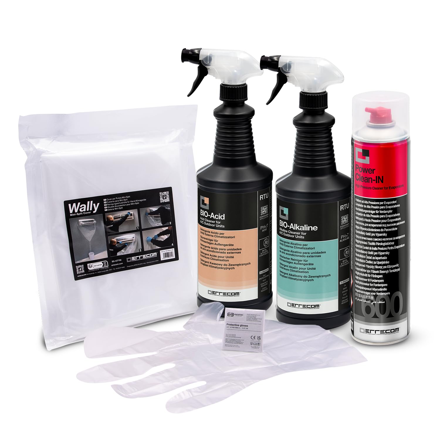 Kit pulizia completa climatizzatori, include cover protettiva Wally e aerosol 600mL pulizia unità interna, Bio Acid e Bio Alkaline 2L con tensioattivi bio pulizia unità esterna, guanti - immagine 1