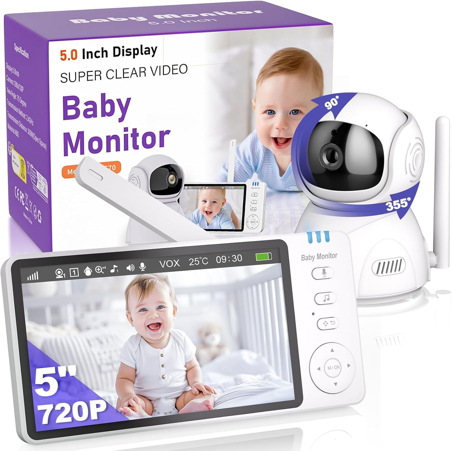 Burnnove Baby Monitor Video 5 Pollici 720P Senza Wi-Fi