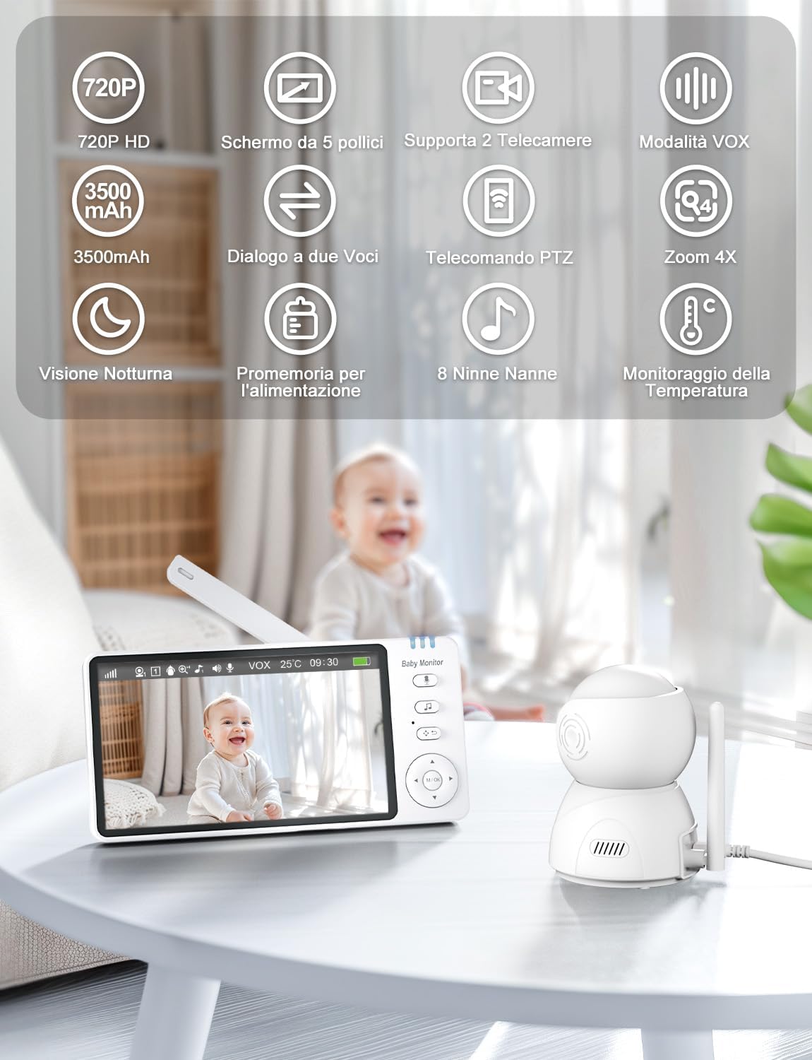 Burnnove Baby Monitor Video 5 Pollici 720P Senza Wi-Fi - immagine 2