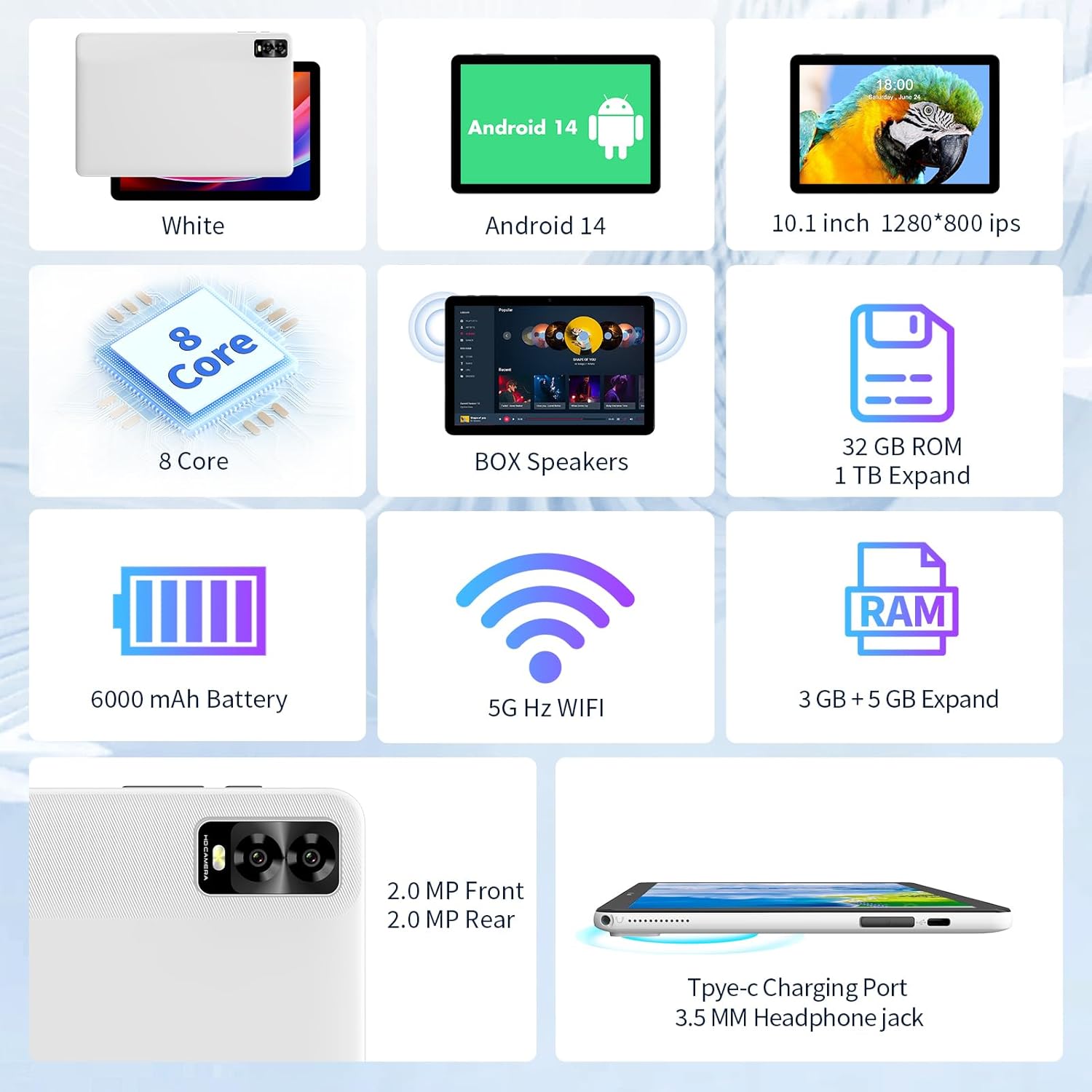 Vasoun Tablet 10 pollici Android 14, Bianco - immagine 2