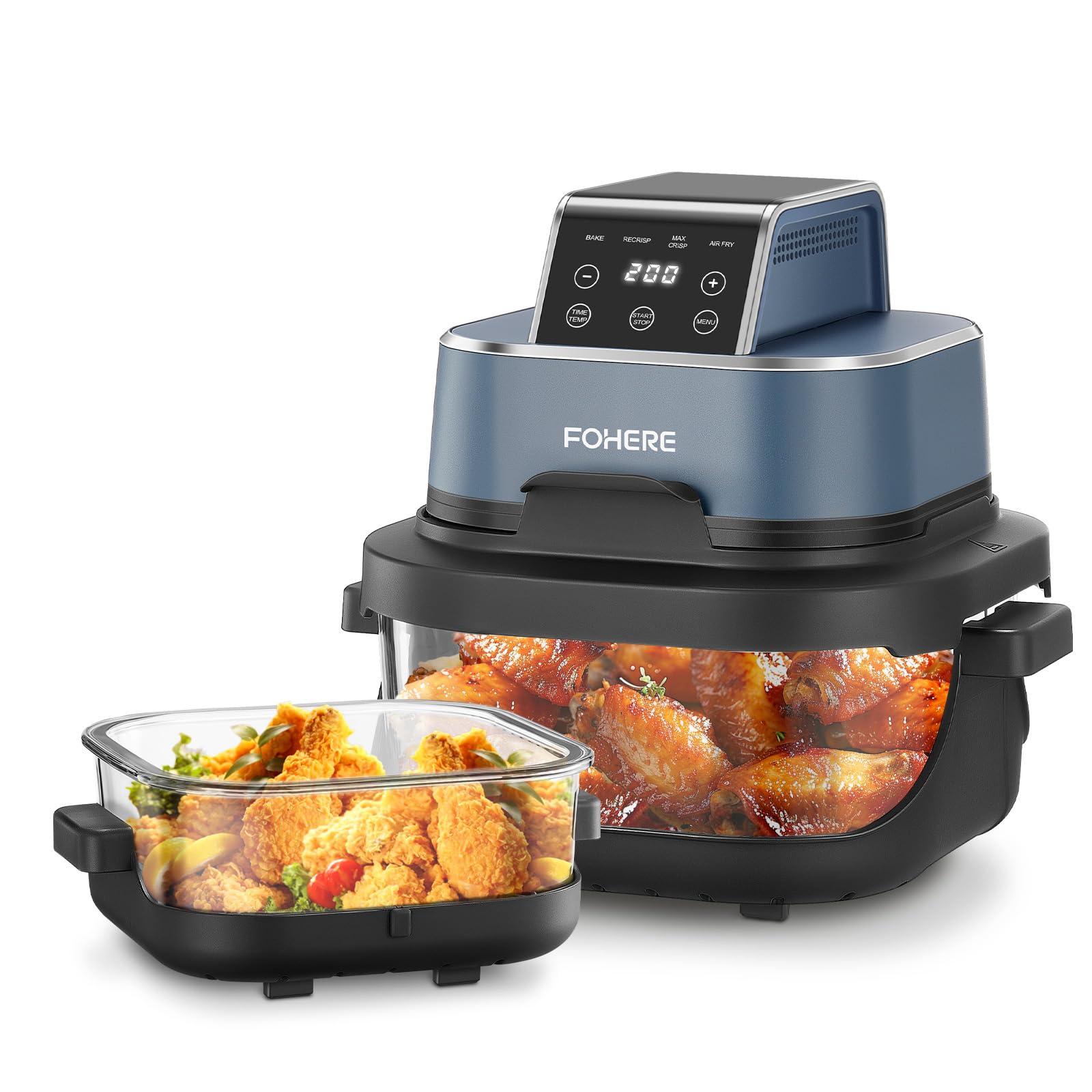 FOHERE Friggitrice ad aria calda portatile 4 in 1 per Bake, Recrisp, Max Crisp, Airfryer, 4 L e 1,5 l, 6 porzioni, compatta, 2 contenitori in vetro e coperchio rimovibili, colore: blu