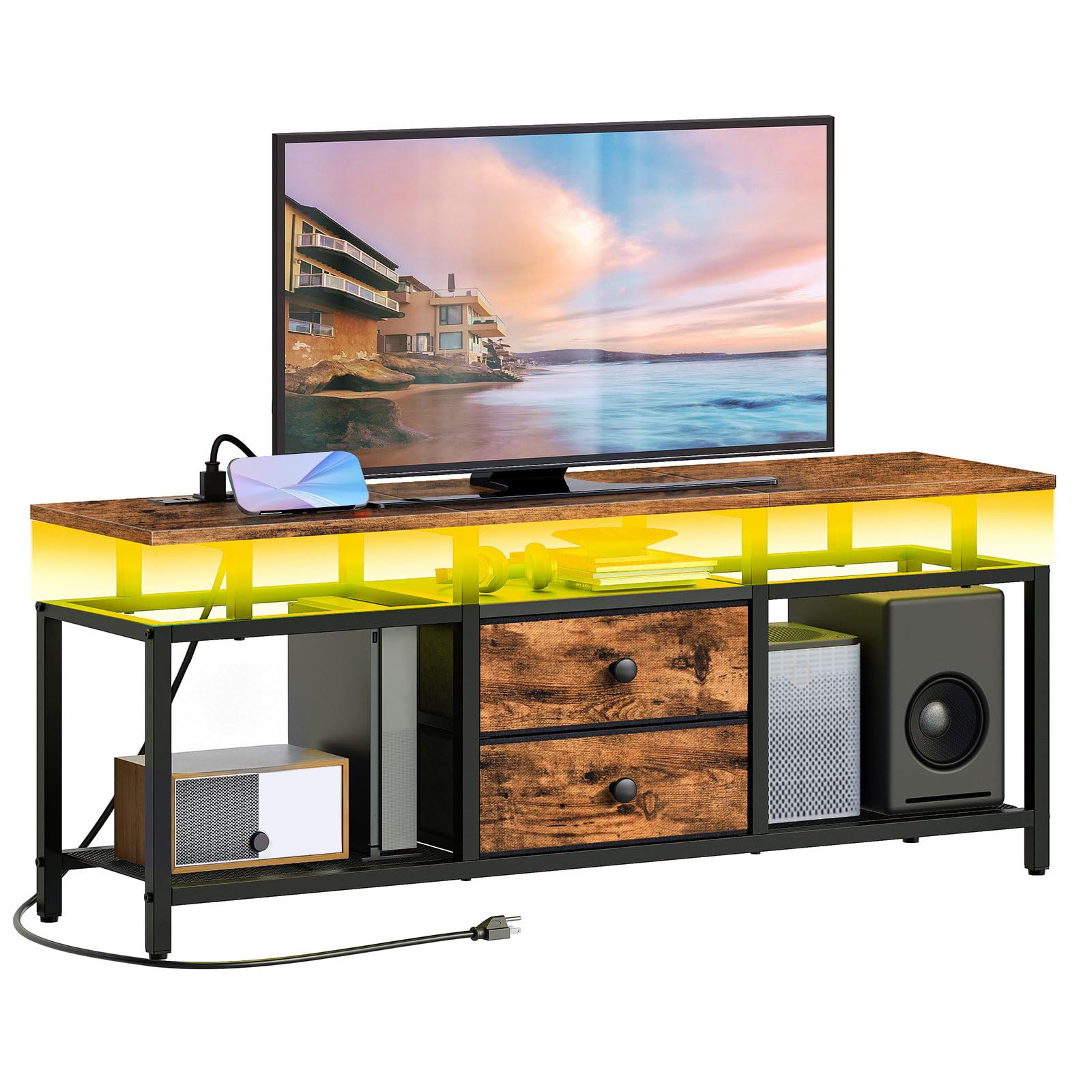 Mobile Porta TV con Stazione di Ricarica e Striscia LED, Consolle Multimediale per TV fino a 45 Pollici, con Cassetti e Ripiani, Design Sospeso, per Soggiorno, Marrone Vintage XDS03CDBR