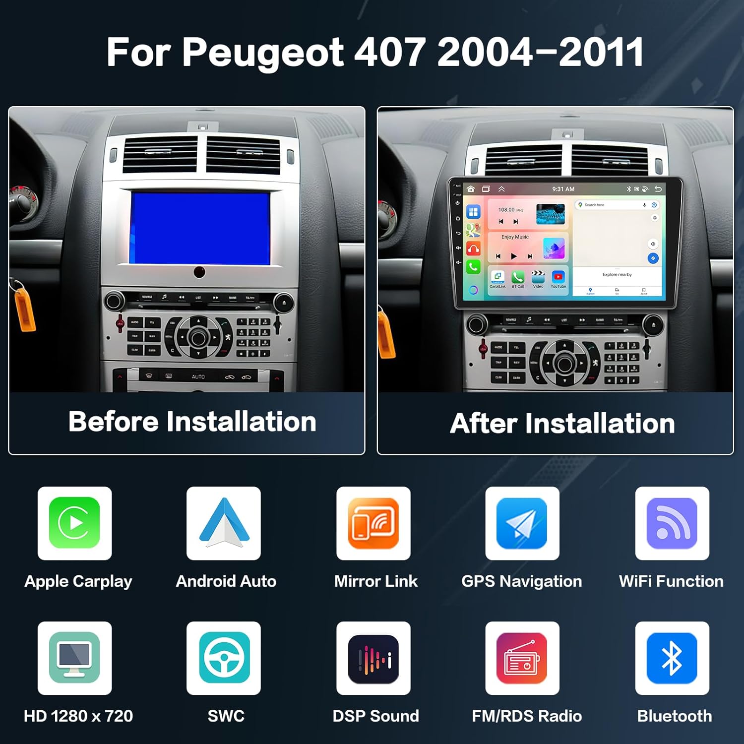 Autoradio Android 15 9" per Peugeot 407 2004-2011 - immagine 2