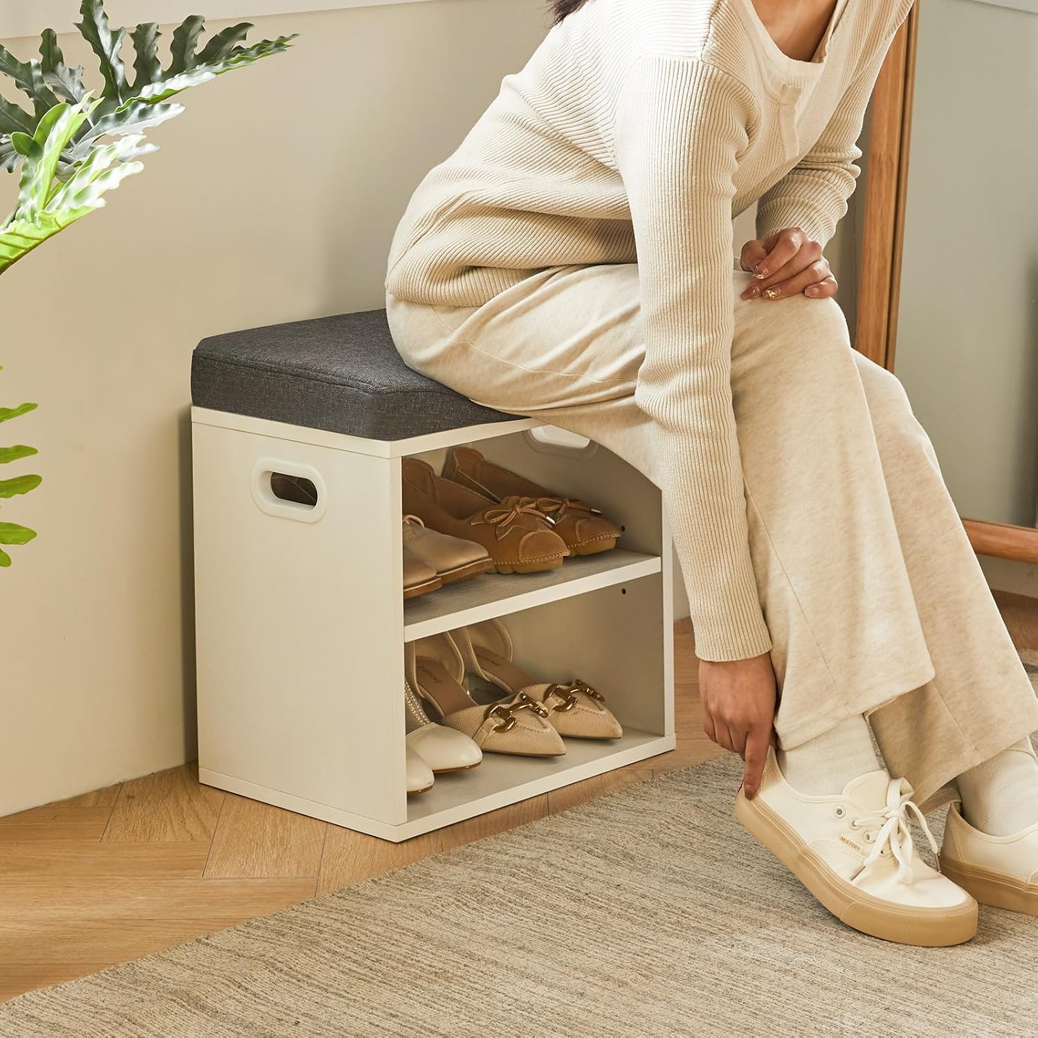 Ymyny Panca Scarpiera con Cuscino a 2 Livelli, Bianco - immagine 4