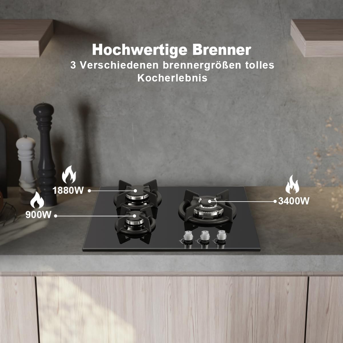 Sndoas Piano Cottura Gas 3 Fuochi Vetro 6180W, Nero - immagine 3