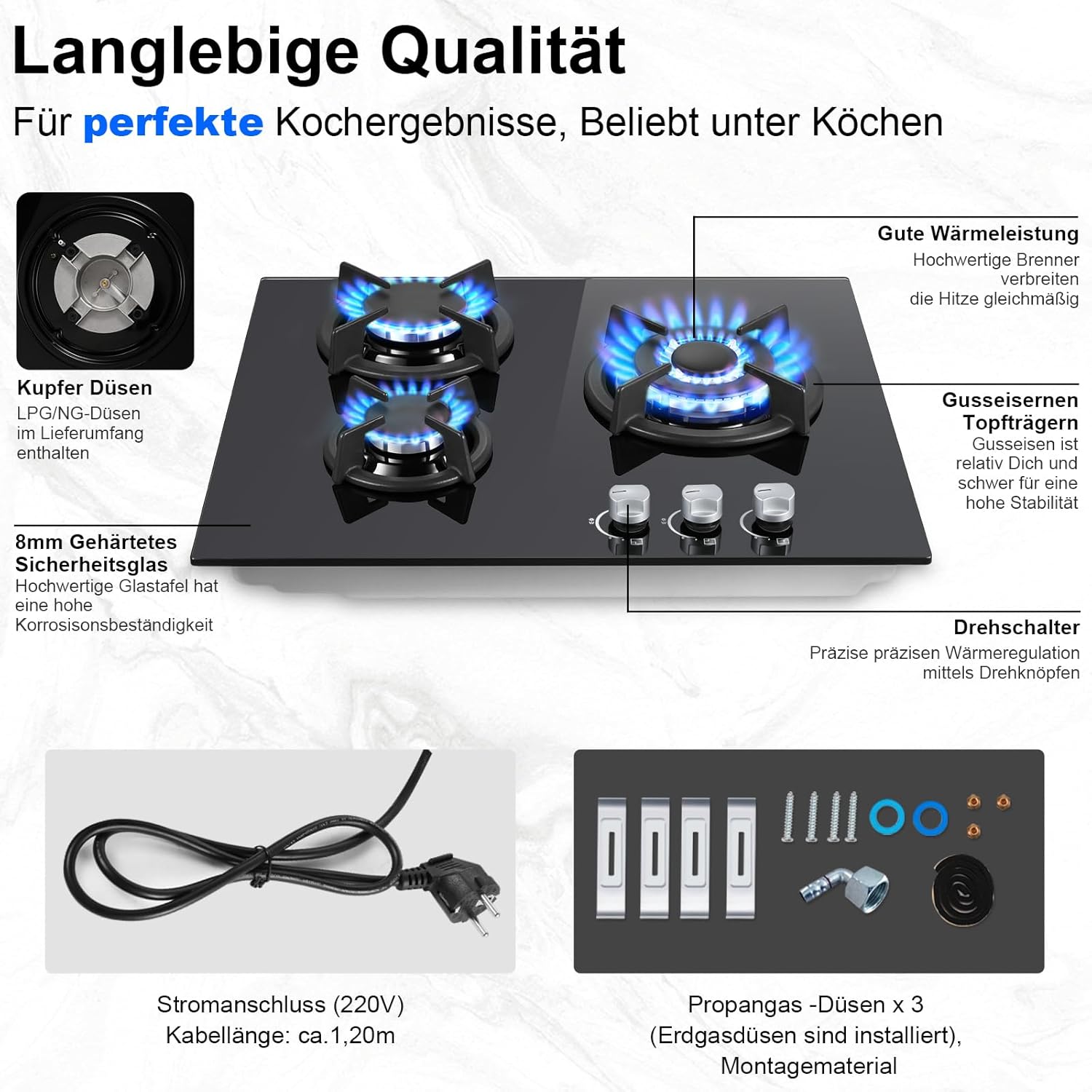 Sndoas Piano Cottura Gas 3 Fuochi Vetro 6180W, Nero - immagine 4