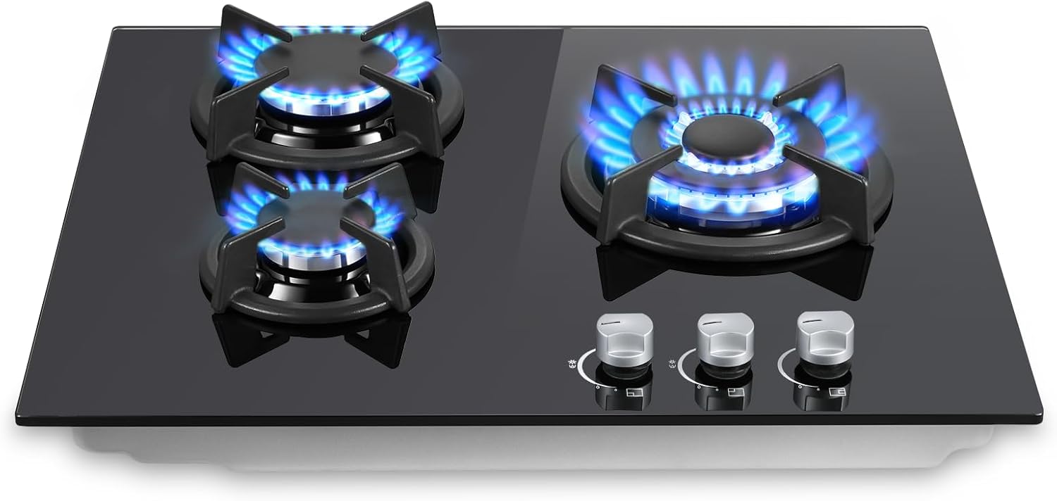 Sndoas Piano Cottura Gas 3 Fuochi Vetro 6180W, Nero - immagine 7