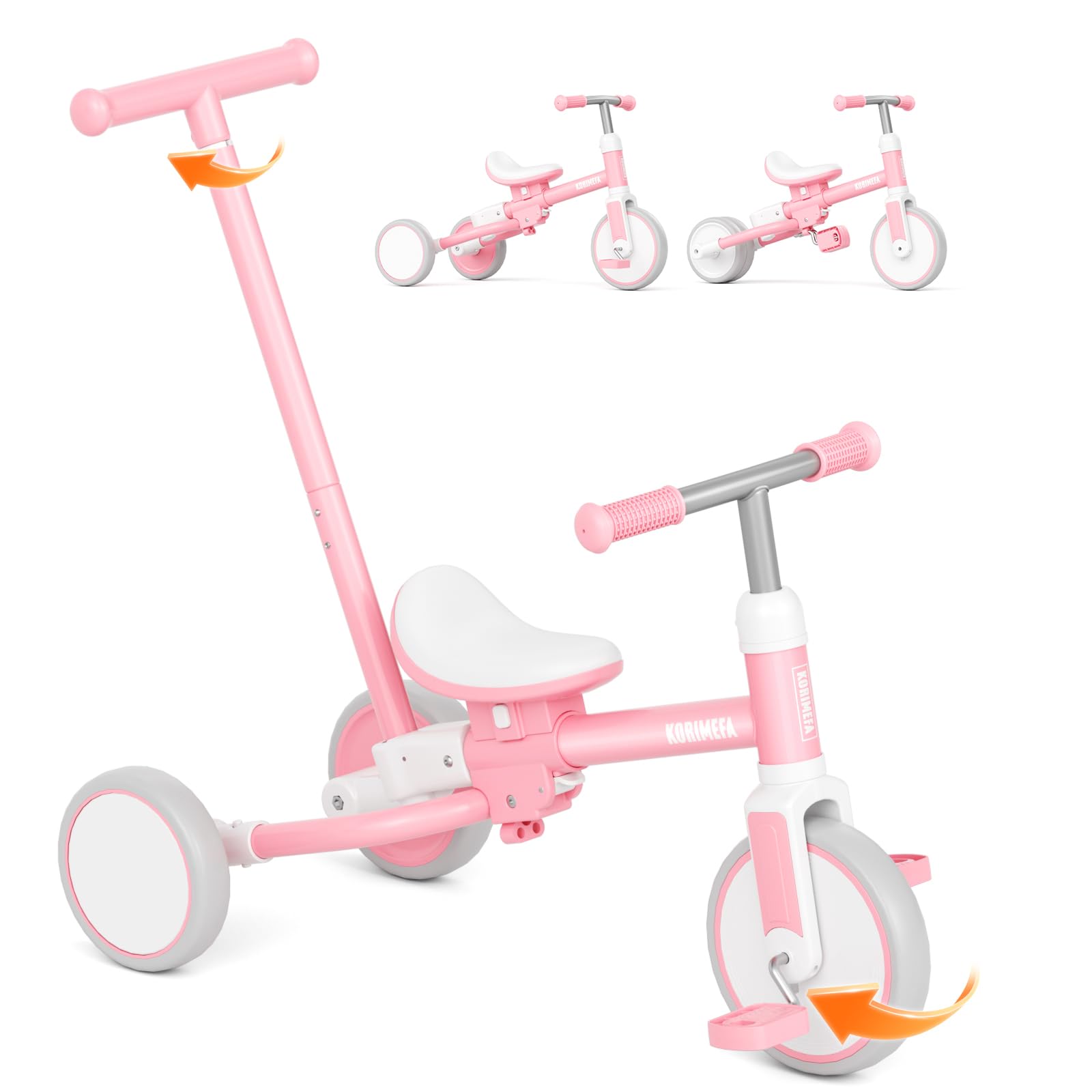 Korimefa Triciclo Bambini 5 in 1 con Barra di Spinta, Rosa