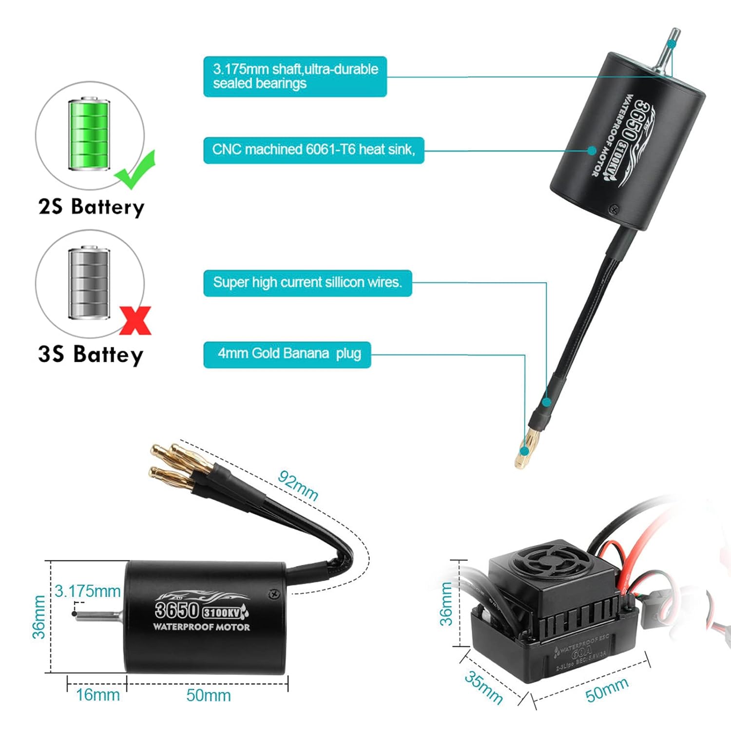 Motore Brushless 3650 3100KV e ESC 60A Combo Set - immagine 5