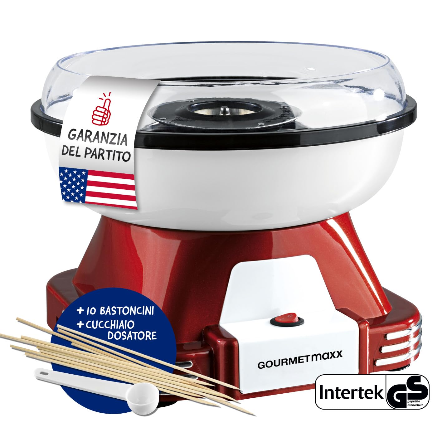 Gourmetmaxx Macchina Zucchero Filato Rossa con 10 Bastoncini