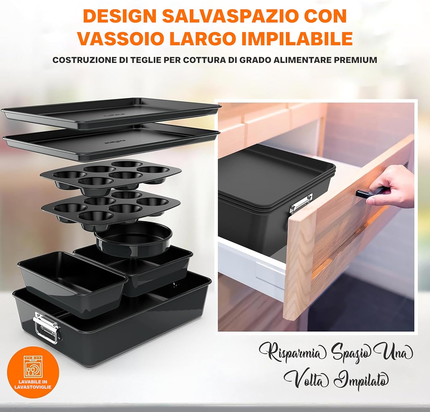 Nutrichef Set 8 Padelle Antiaderenti per Cottura, Nero - immagine 5