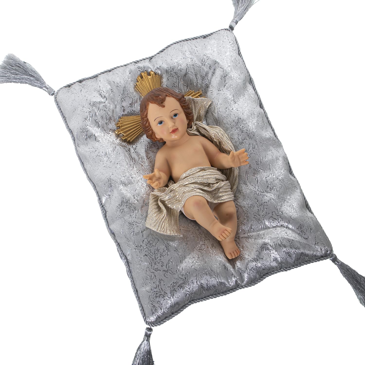 FIGURA RESINA NIÑO JESÚS 28CMC/COJÍN GRIS/PLATA_FIG:13X28X8CM COJ═N:24X32X6CM