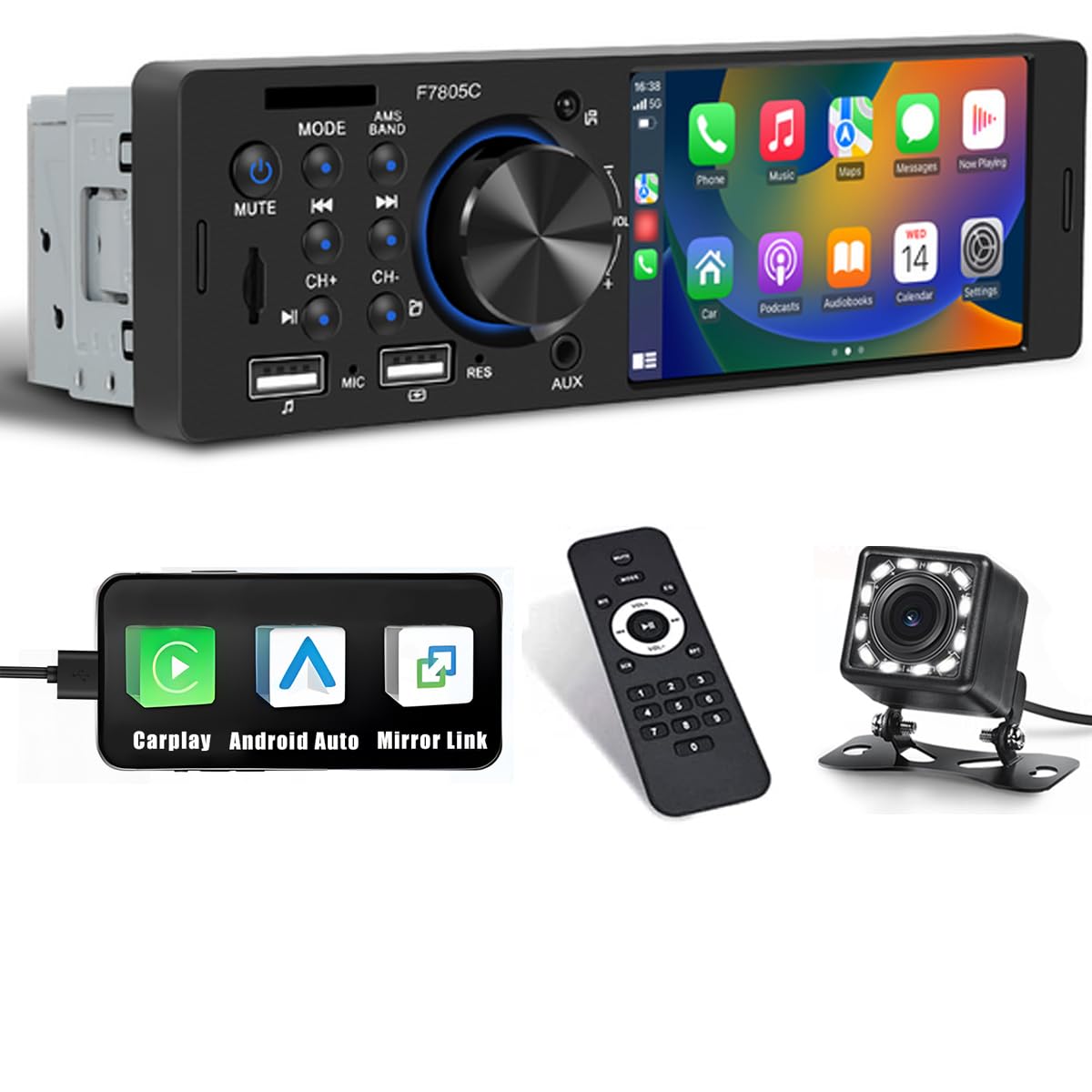 Hikity 1 Din Autoradio CarPlay Android Auto 4 Pollici