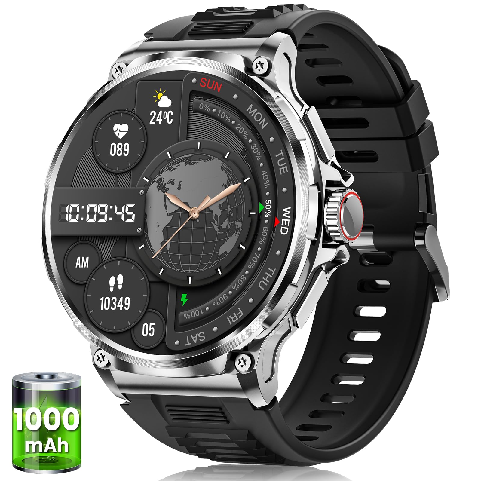 Smartwatch Uomo Militare con 1000mAh, 1,92" HD Smart Watch Orologio con Chiamate, 120+ Modalità Sportive, 5ATM, Cardiofrequenzimetro, Sonno, Notifiche Messaggi, Fitness Tracker Android iOS Argento
