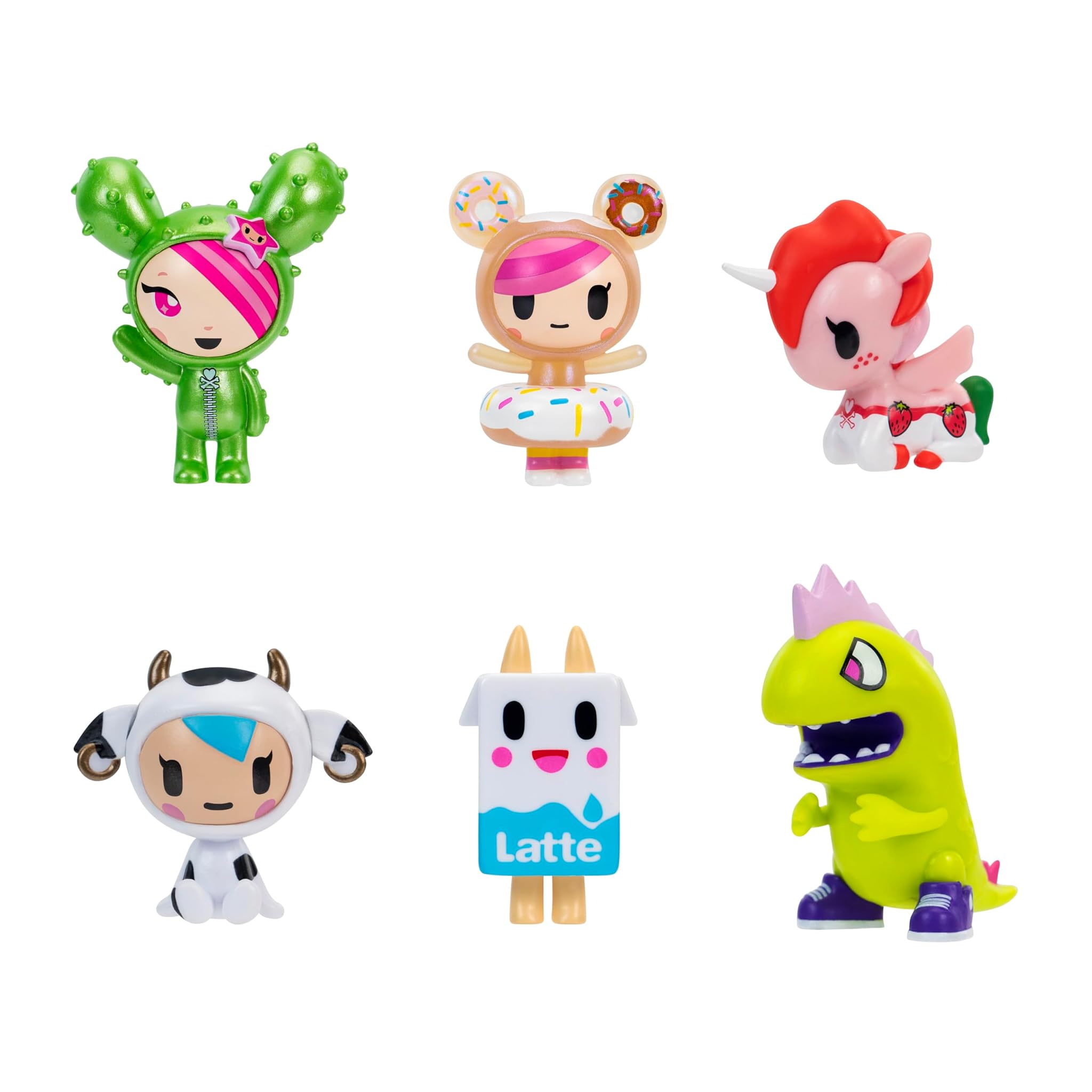 Tokidoki - Confezione da 6 figure da 5 cm, motivo: Donutella, Sabbia, Kaiju Tokimon, Latte, Mozzarella e Rubino - Età 5+ - Prodotto con licenza ufficiale da Jazwares