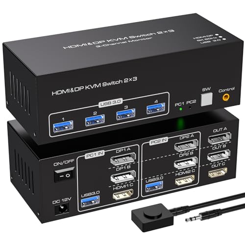 VPFET 2 DisplayPort HDMI KVM Switch 2 PC 3 Monitor 4K144Hz 8K60Hz Triple Monitor Switch KVM per 2 Computer Share 3 Monitor con 4 porte USB 3.0 Include 2 cavi USB 3.0 e Controllo Esterno