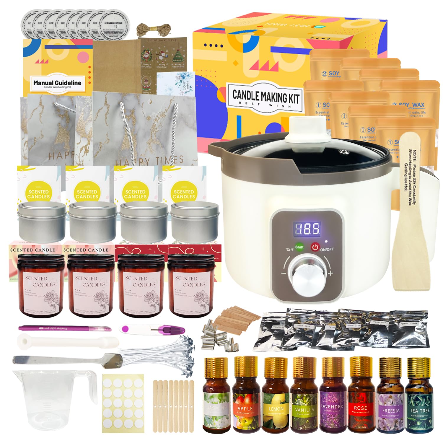 LINGQIAN Kit fabbricazione candele con fusore digitale di cera, Kit Candele Fai Da Te con Cera di Soia, 8 barattoli di candela, 8 oli profumati, set di candele per artigianato fai da te