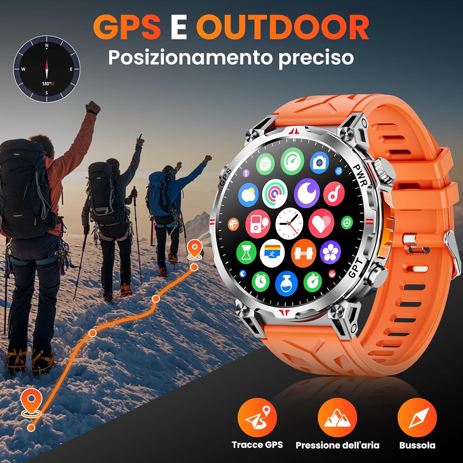 Orologio Smart Militare GPS/Bussola con GPT, Arancione - immagine 2