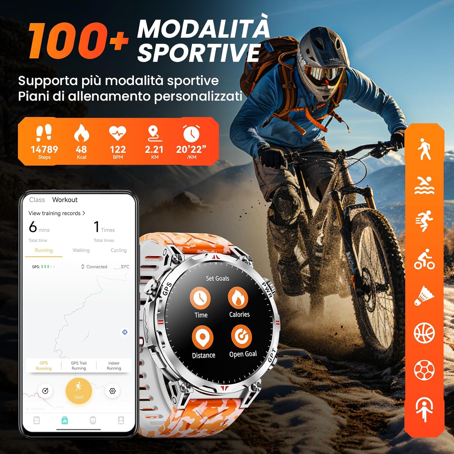 Orologio Smart Militare GPS/Bussola con GPT, Arancione - immagine 3