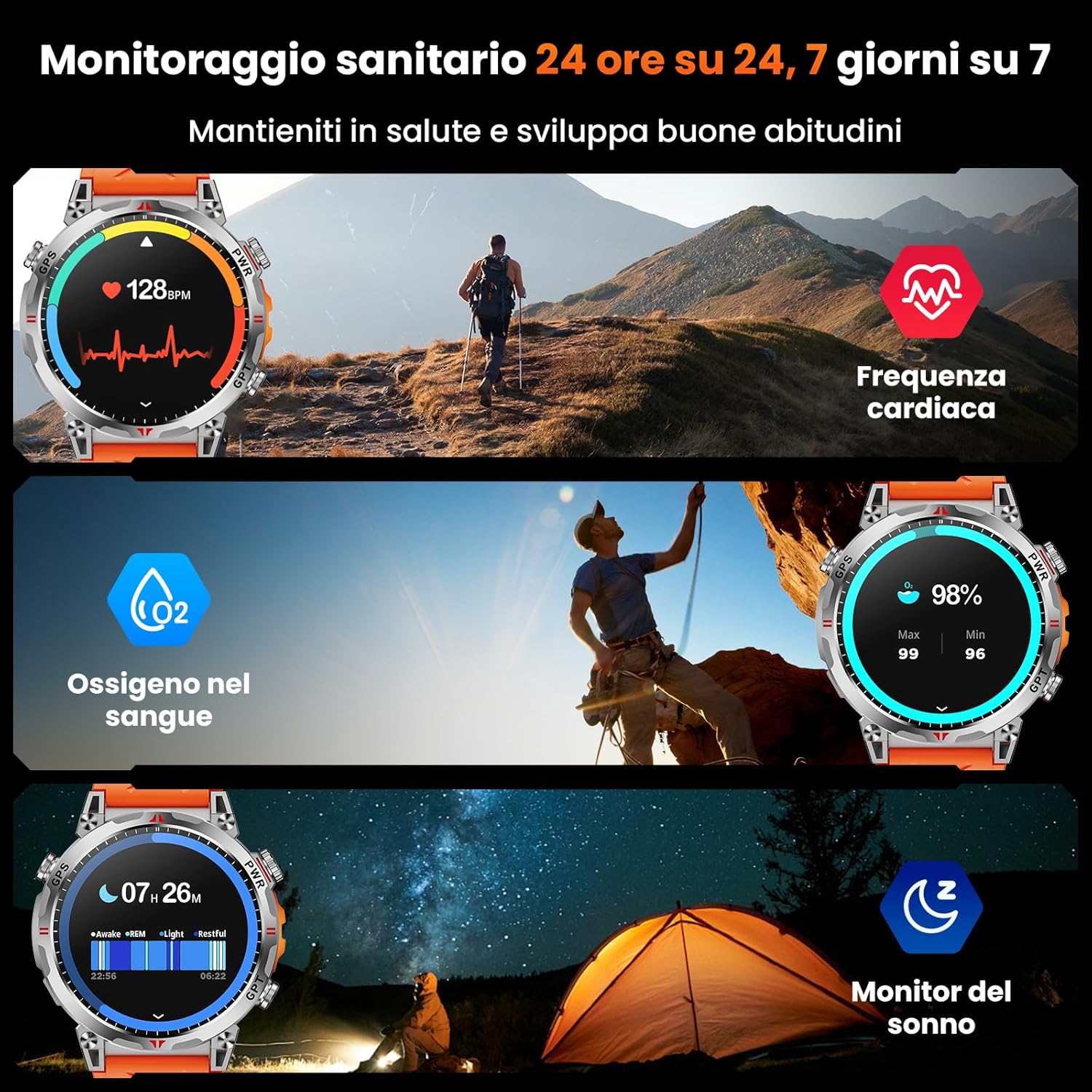 Orologio Smart Militare GPS/Bussola con GPT, Arancione - immagine 7