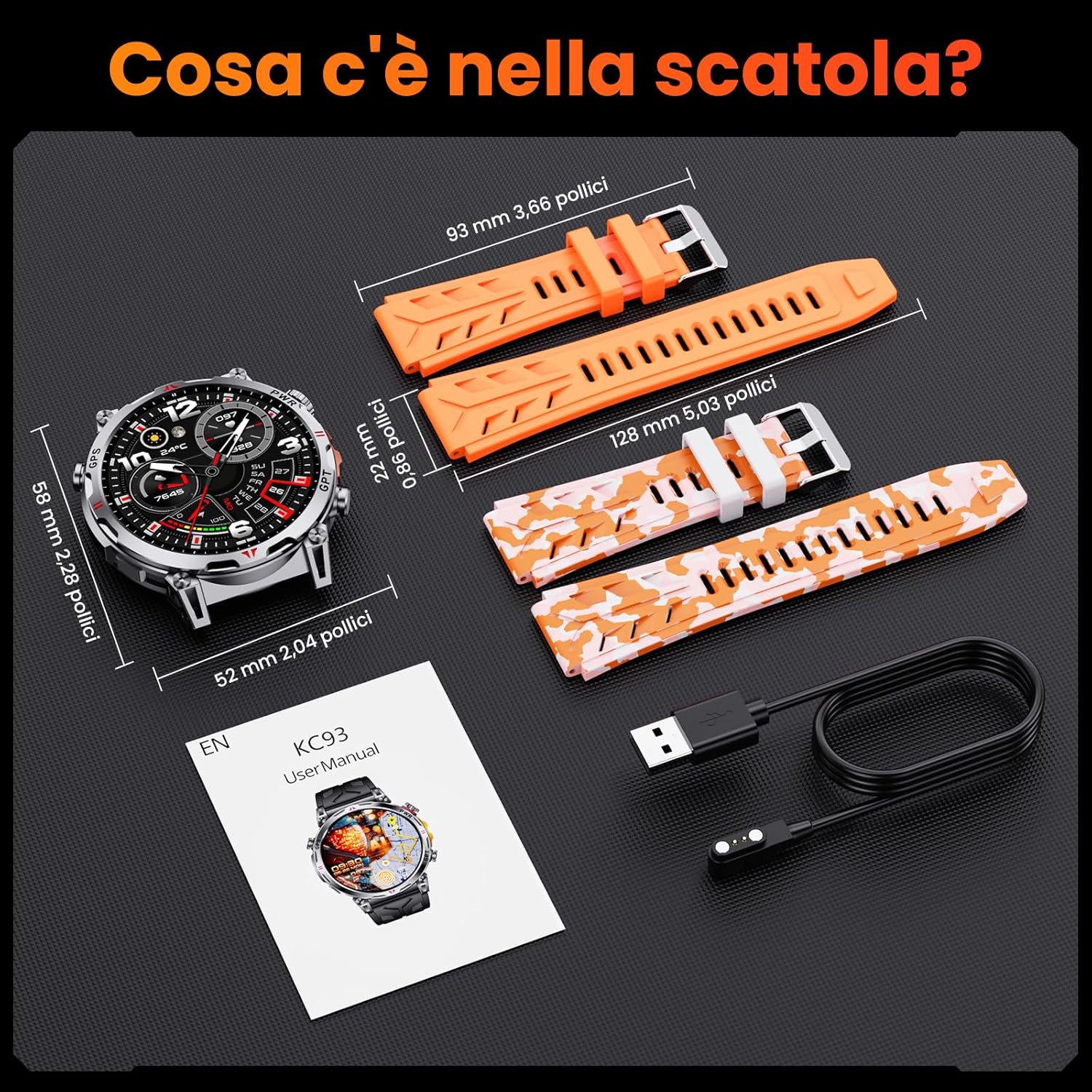 Orologio Smart Militare GPS/Bussola con GPT, Arancione - immagine 8