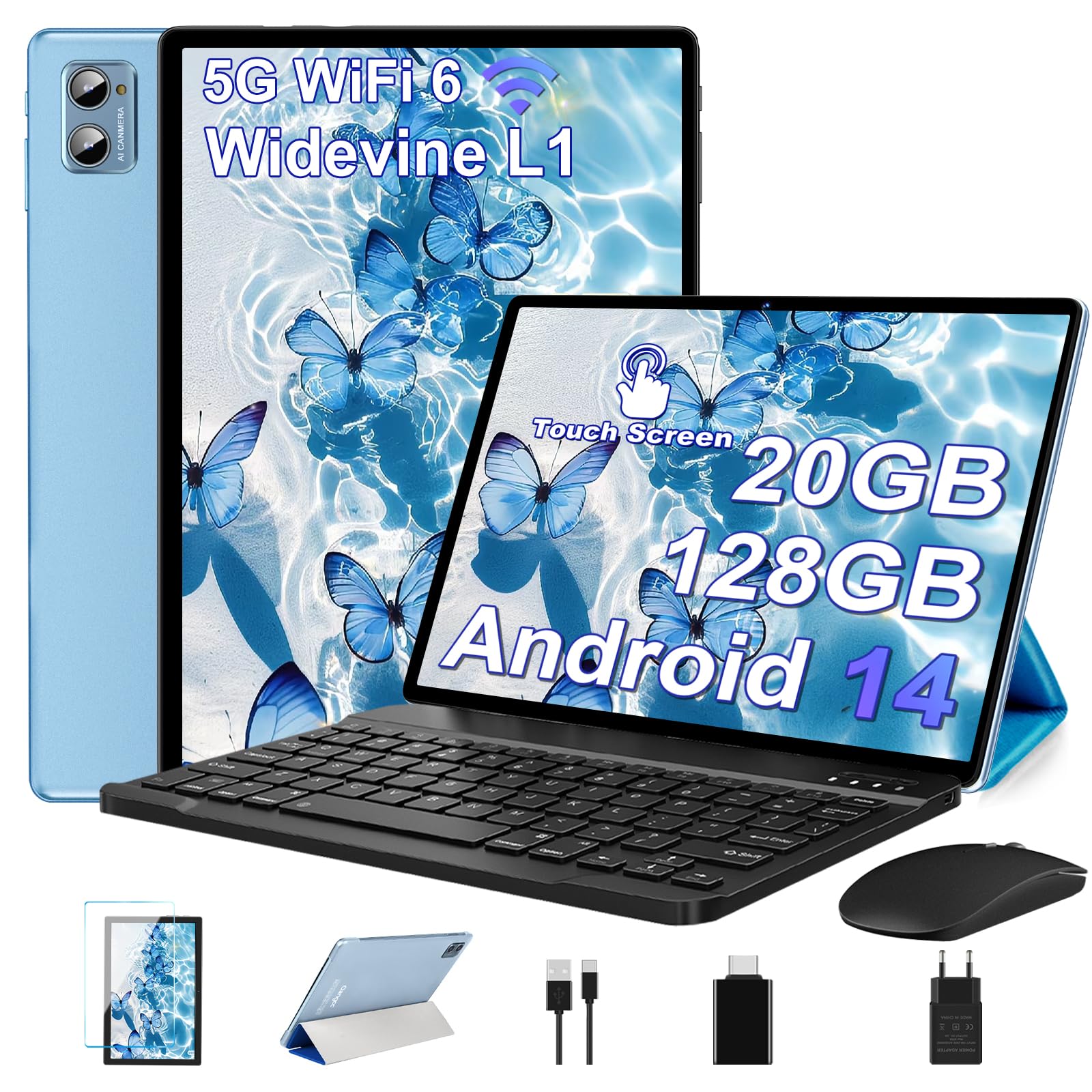 Deertime Tablet 10 Pollici Android 14 Octa Core, Blu