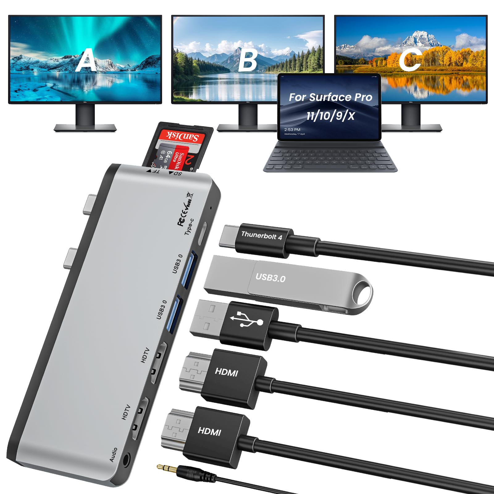 Hub USB C per Surface Pro 11/10/9/X