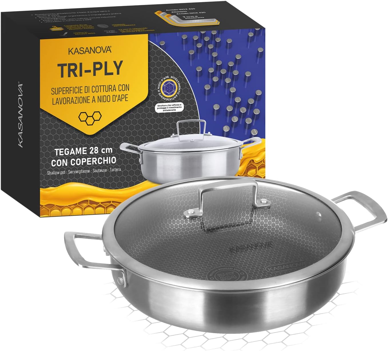 KASANOVA Pentola da 28 cm con coperchio a 3 strati, colore: grigio