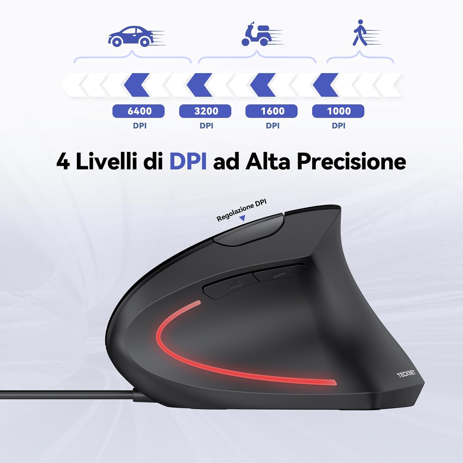 Tecknet Mouse Verticale Cablato Ergonomico 6400 DPI, Nero - immagine 2