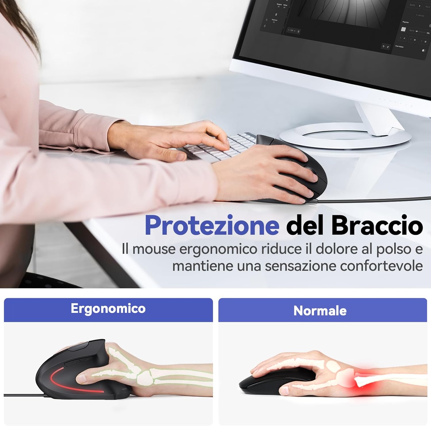 Tecknet Mouse Verticale Cablato Ergonomico 6400 DPI, Nero - immagine 3