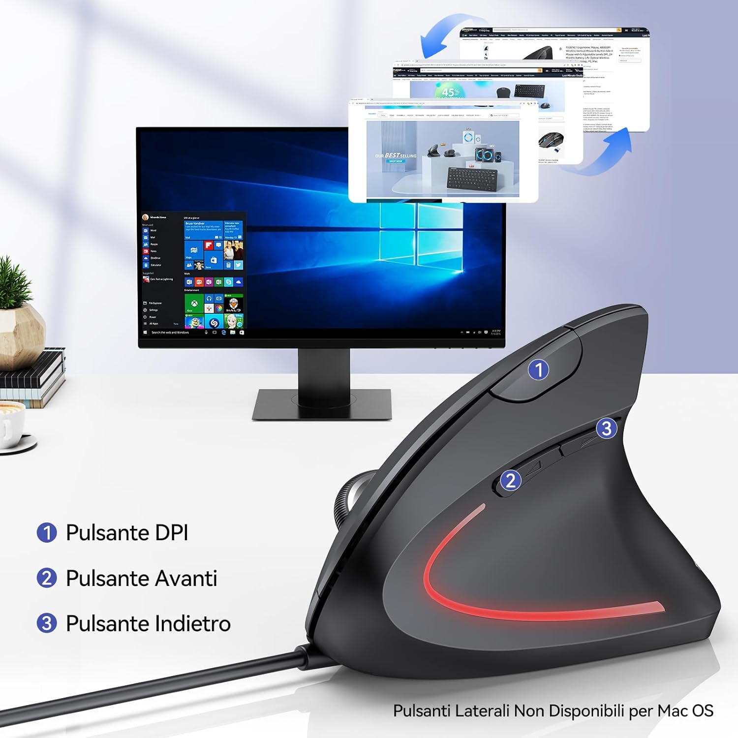 Tecknet Mouse Verticale Cablato Ergonomico 6400 DPI, Nero - immagine 5